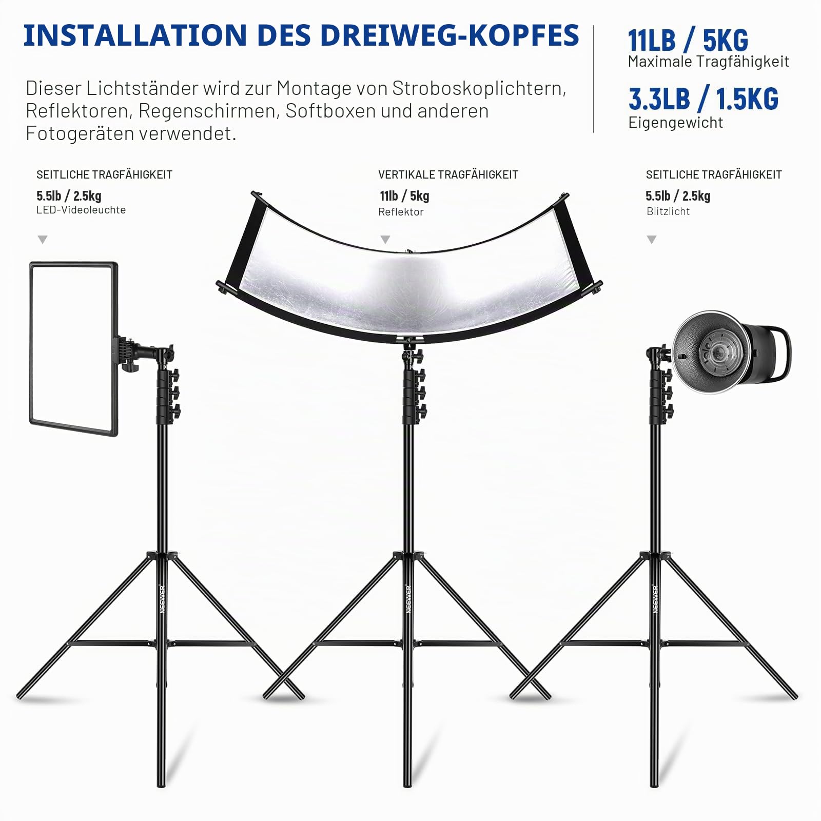 NEEWER 3m Lichtstativ, Luftgepolstertes Heavy Duty Metallstativ für Ringlicht Fotografie Lampen mit 1/4" zu 3/8" Schraubadapter und 3 Wege Schnittstellen, Tragfähigkeit: 2,5kg, ST-300AC