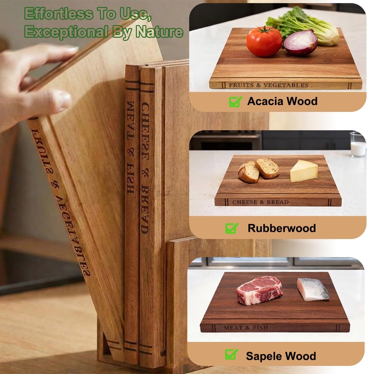Set de Tablas de Cortar de Madera Maciza con Forma de Libro Antideslizantes con Ranura Antigoteo, 3 Tablas de Cortar de Madera Diseño Libro, Soporte Ahorrador de Espacio Incluido, Fácil de Limpiar