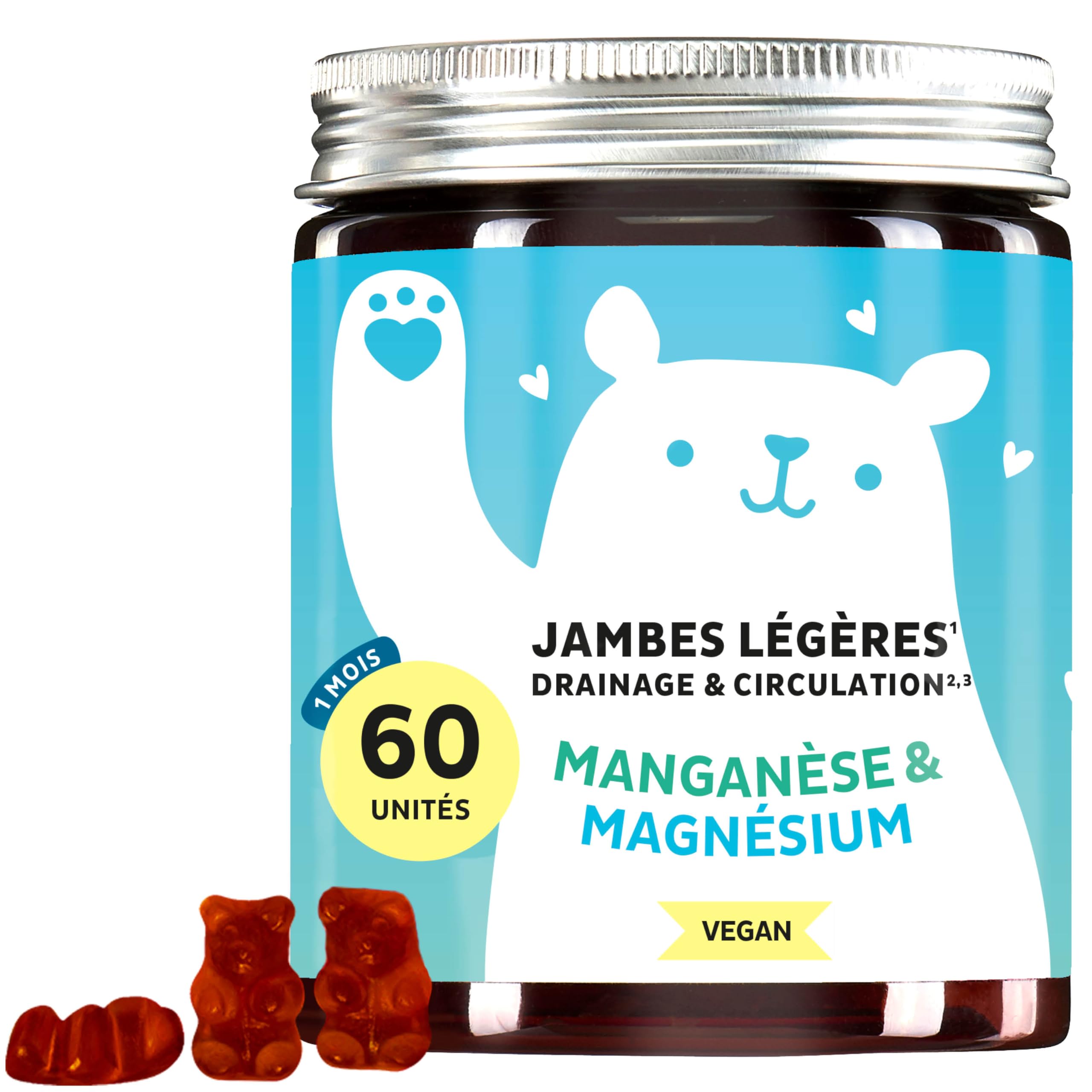 Jambes Légères Drainage & Circulation Gummies – Vitamine C, Magnésium, Manganèse & Extraits Végétaux – 60 unités (1 mois) – Sans sucres ajoutés, Vegan – Bears with Benefits
