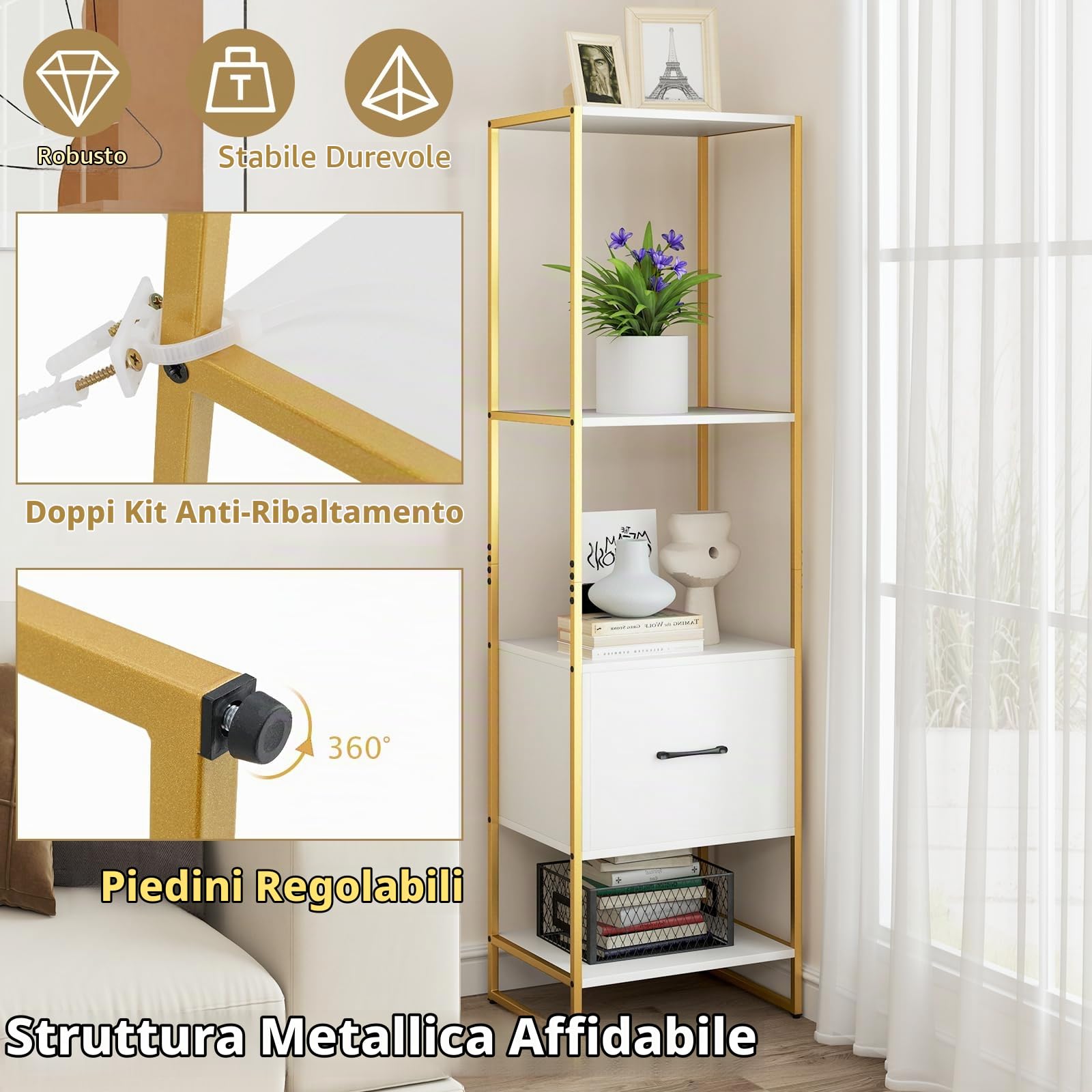 HOMASIS Libreria da Parete a 4 Ripiani e Cassetto, Libreria Verticale a Colonna da Terra in Legno, Struttura in Metallo, Scaffale ad Angolo per Soggiorno, Studio, Cucina, 45 x 35 x 160 cm (Bianco)