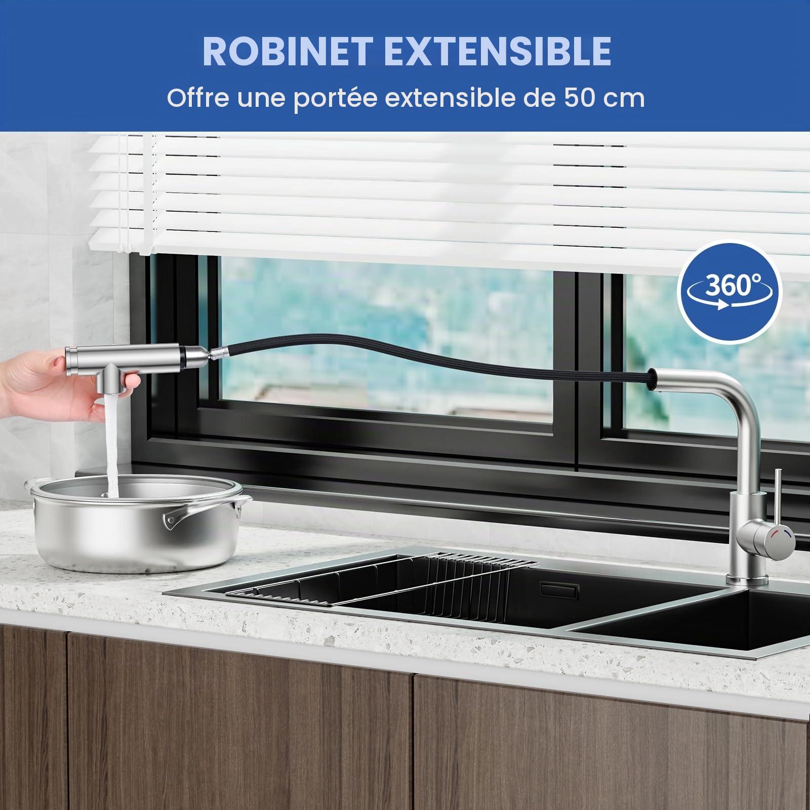 Mitigeur Robinet Cuisine - Robinetterie Evier Escamotable avec Douchette,Pivotant à 360,Deux Types de Jet d'eau,Acier Inoxydable,Forme en L Monolevier pour 1 Trou,Hauteur 27,3 cm,Nickel