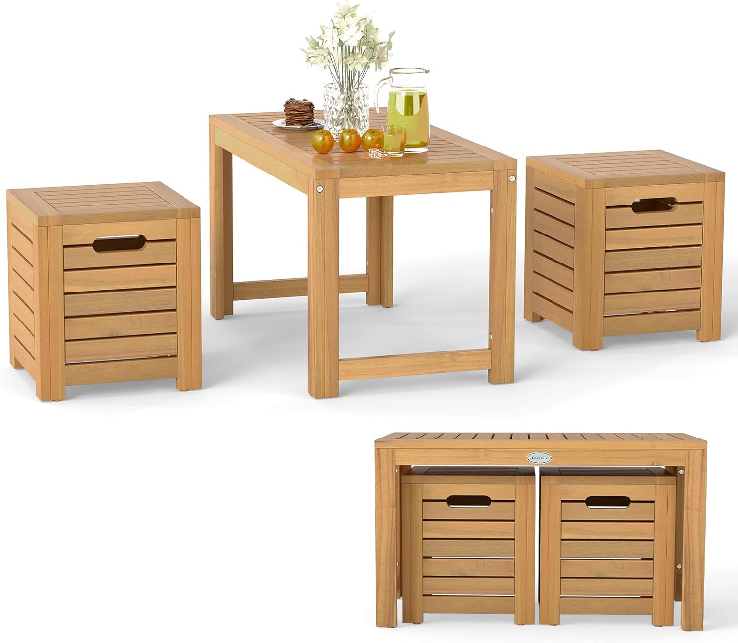 HAPPYGRILL 3 Pieces Acacia Wood Patio Bistro Set, Outdoor Table and Stools Set, Patio Furniture with Hidden Storage Space, for Backyard Garden Porch Balcony