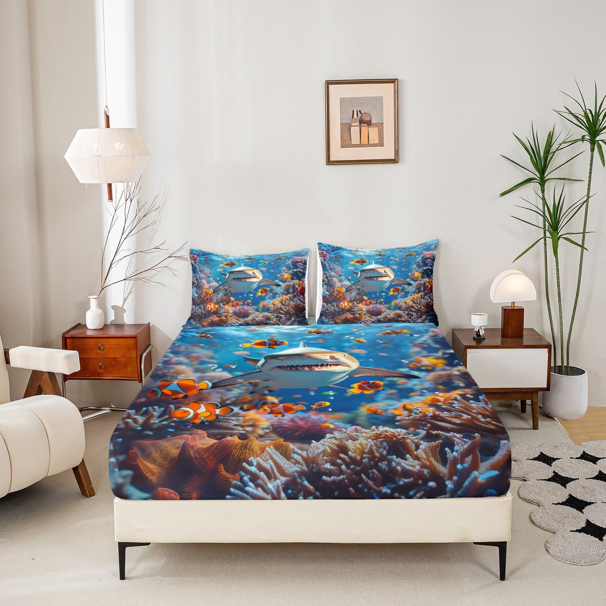 Erosebridal Shark Fitted Sheet Queen Size Kids Ocean Under The Sea Life Bed Sheets for Kids Teens Adults Underwater Fish Bed Set Coral Fish Sea Animal Sheets with Deep Pocket