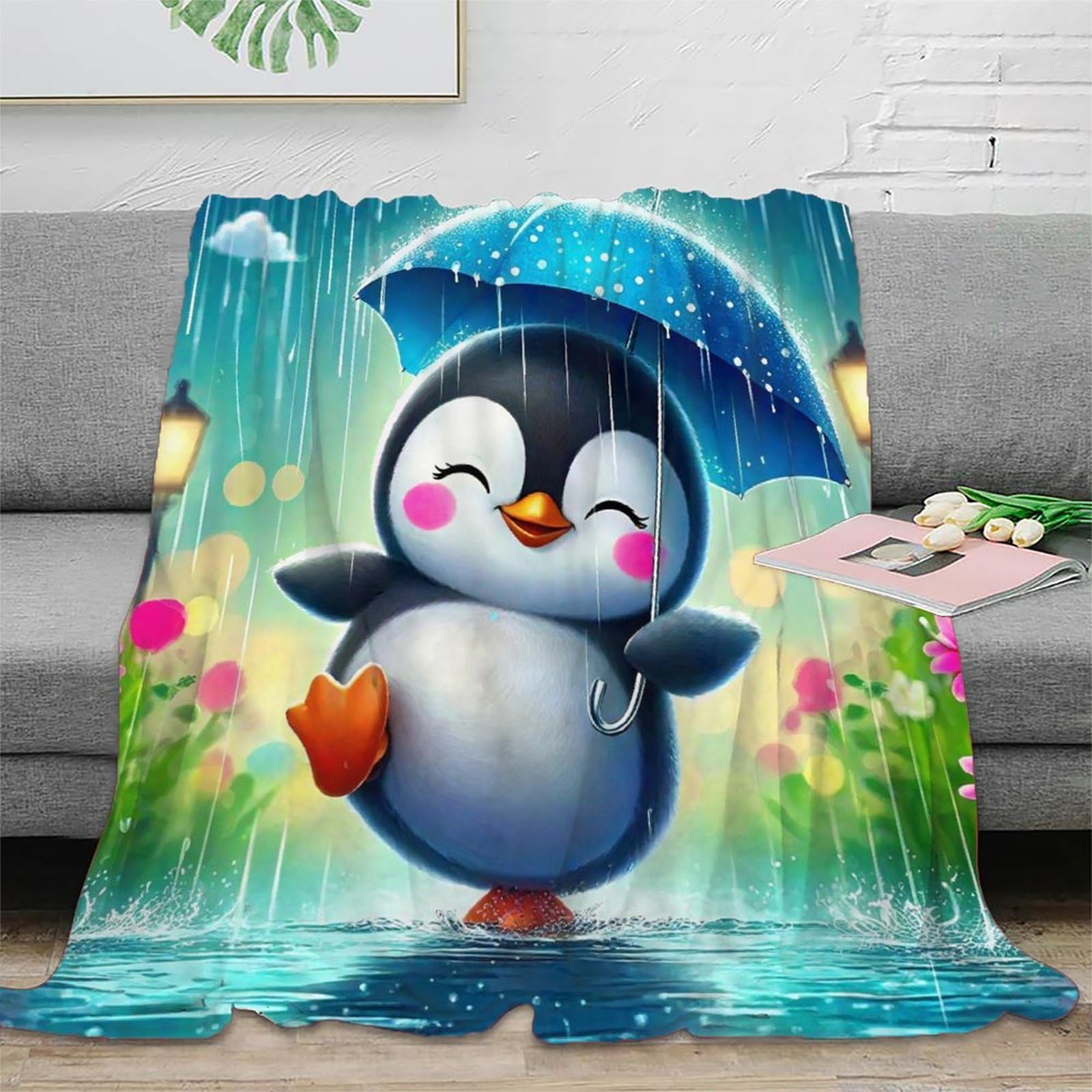 Couverture pingouin en peluche microfibre 200x230cm pour lit et canapé