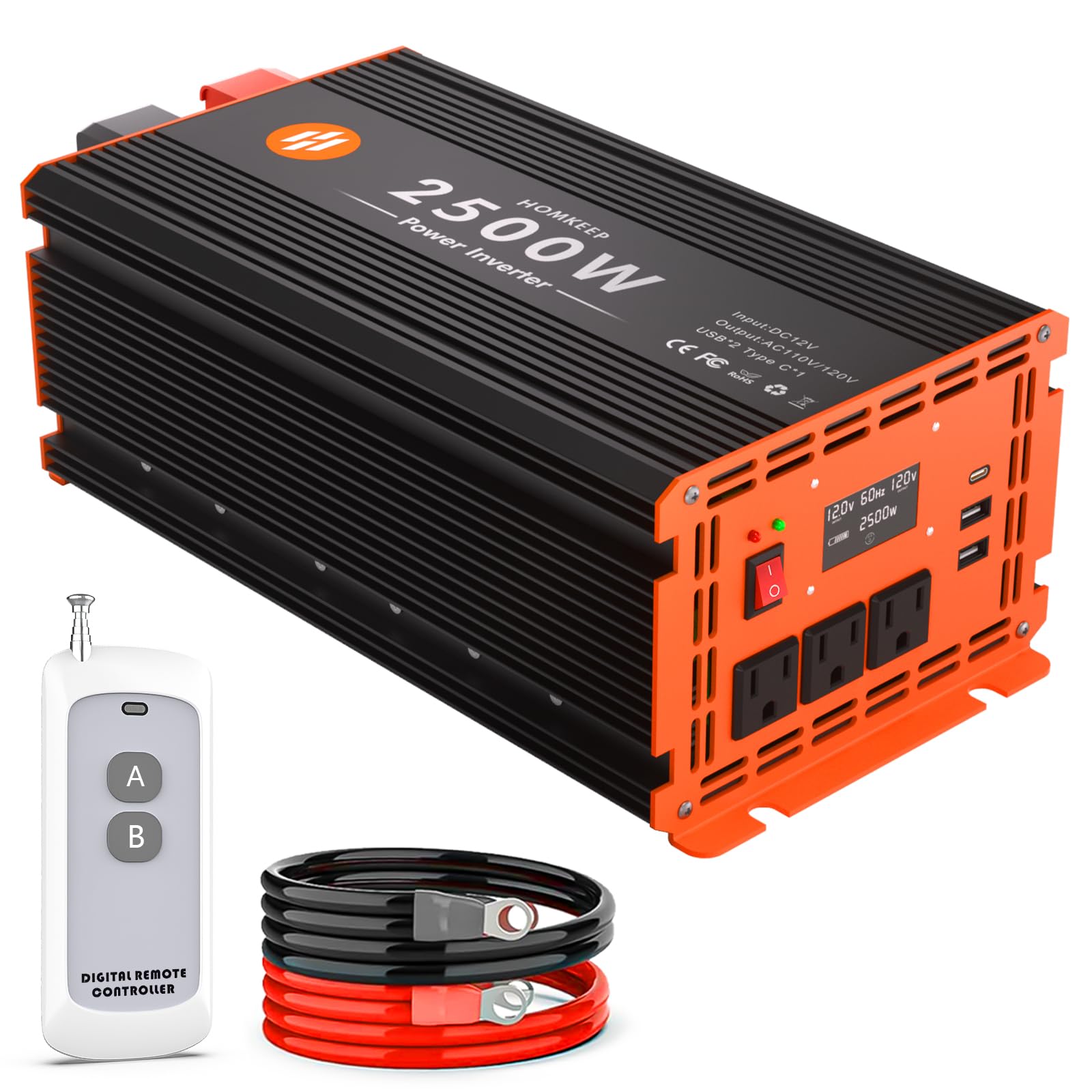 2500 Watt Power Inverter 12V DC to 110V/120V AC Converter Peak Power 5000W Car Inverter with LCD Display 3 AC Outlets, 2 USB & Type-C Port for RV,Truck,Off-Grid Solar System with Remote Controller