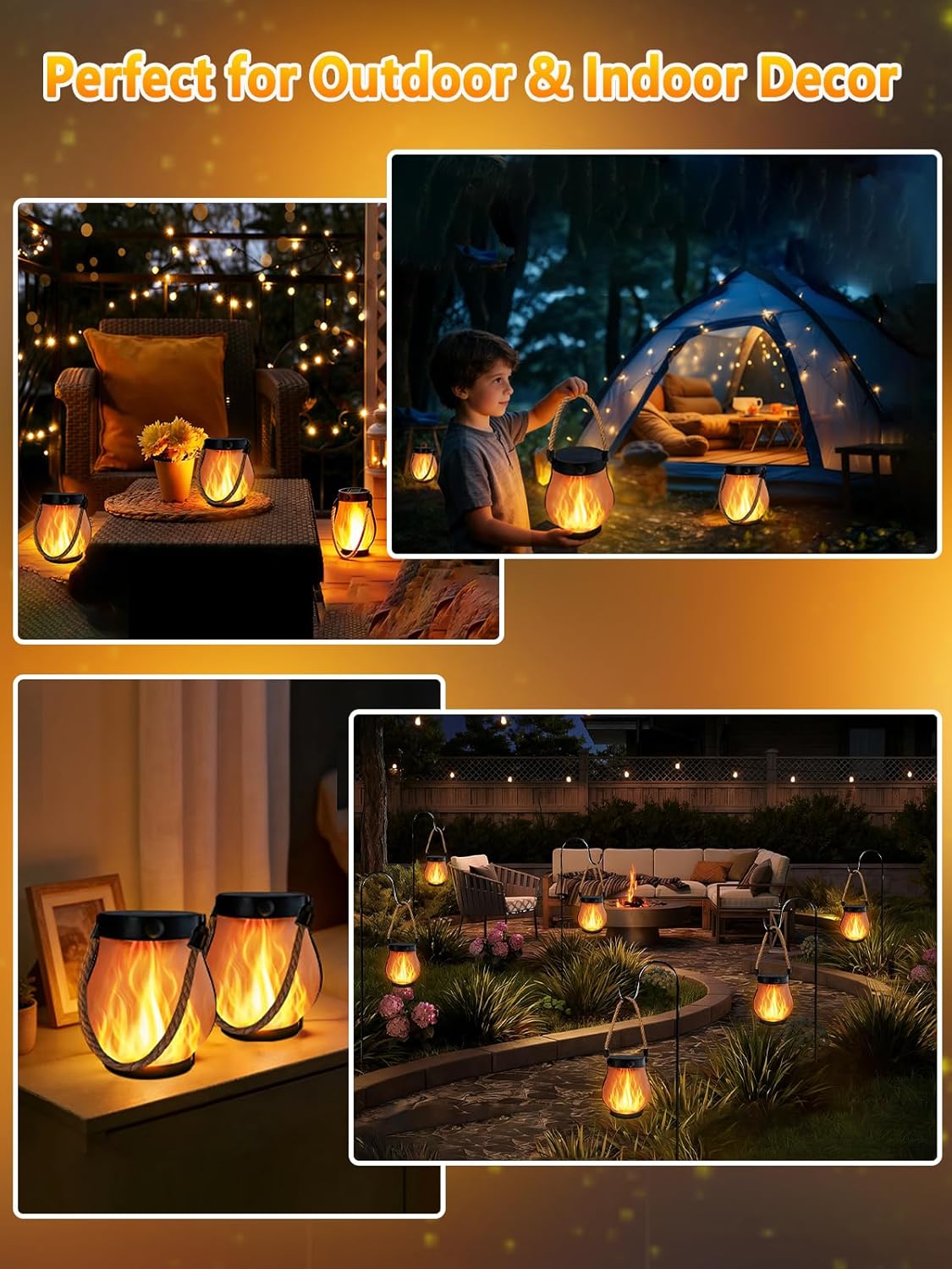 2 Pack Solar Lights Outdoor Waterproof, Solar Lantern with Dancing Flame, 2 Lighting Modes, Dual Charging USB & Solar Powered, with Hanging Rope Handle for Patio Yard Camp Garden Tree Tabletop Decor