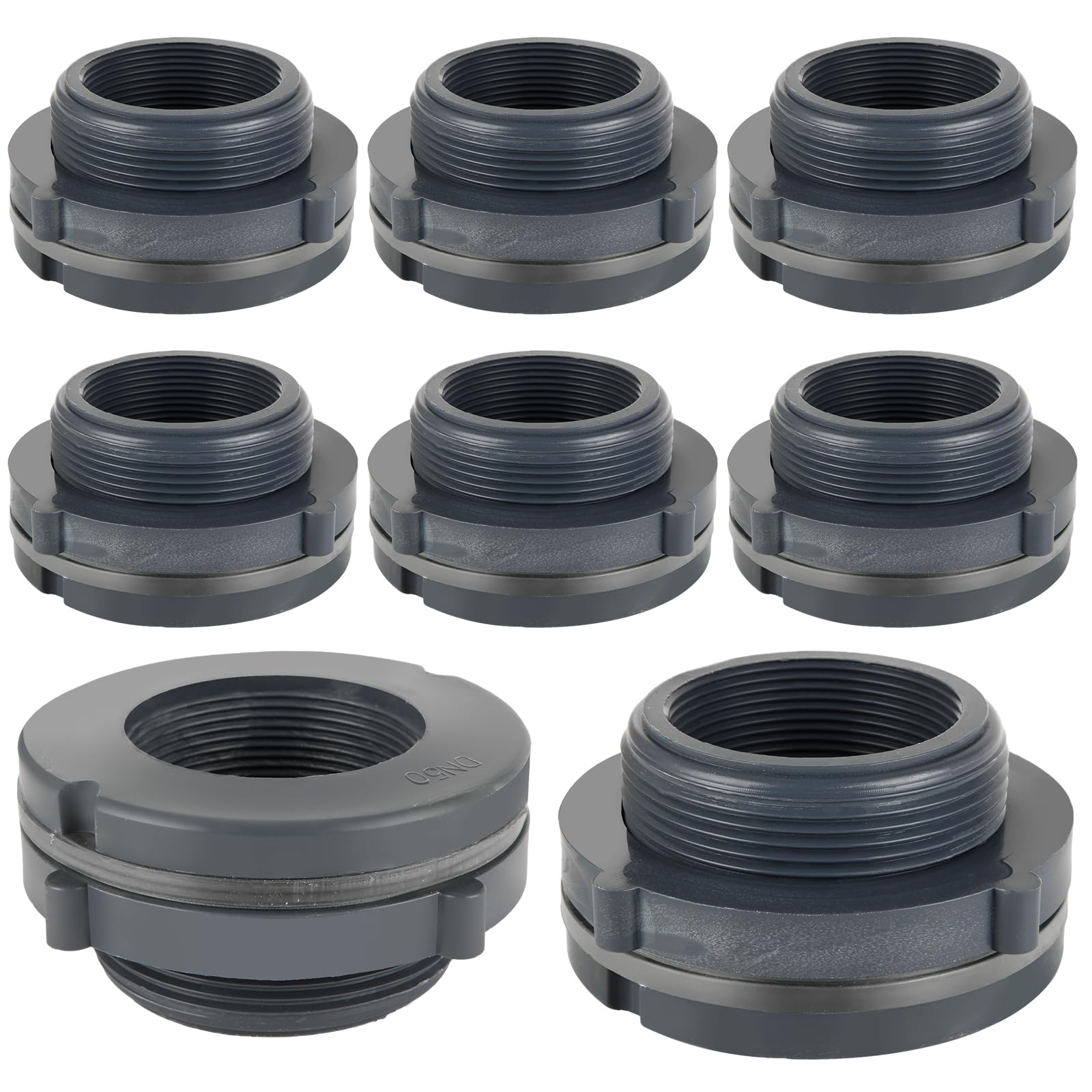 FVIEXE 8PCS 2 Inch PVC Bulkhead Fitting, Double Threaded Bulkhead Water Tank Connector for Rain Barrels, Aquariums, Water Tanks