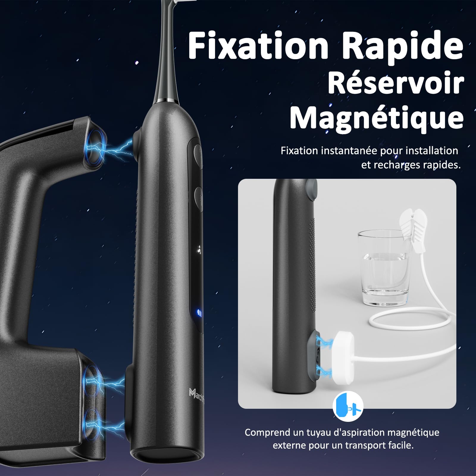 Marchpower Brosse à Dent Electrique avec Jet Dentaire 3 en 1 Oscillation 46° Kit Irrigateur Portable Adulte, 3+3 Modes Nettoyage, Réservoir Magnétique 155ML, 2 Têtes de Rechange, IPX7 Etanche
