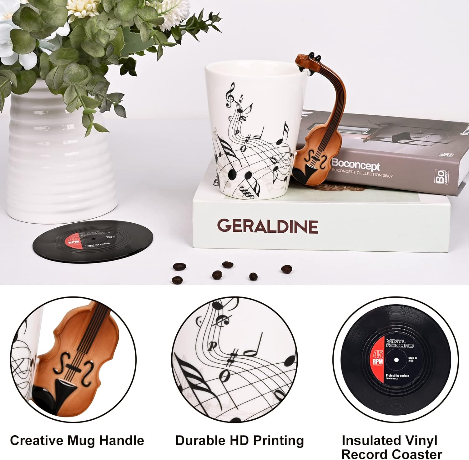 Maustic Novelty Violin Mug - 13 Oz Ceramic with Vinyl Record Coaster, Perfect for Music Lovers, Musicians, and Violinists - Ideal for Christmas or Birthday Gifts - Image 3