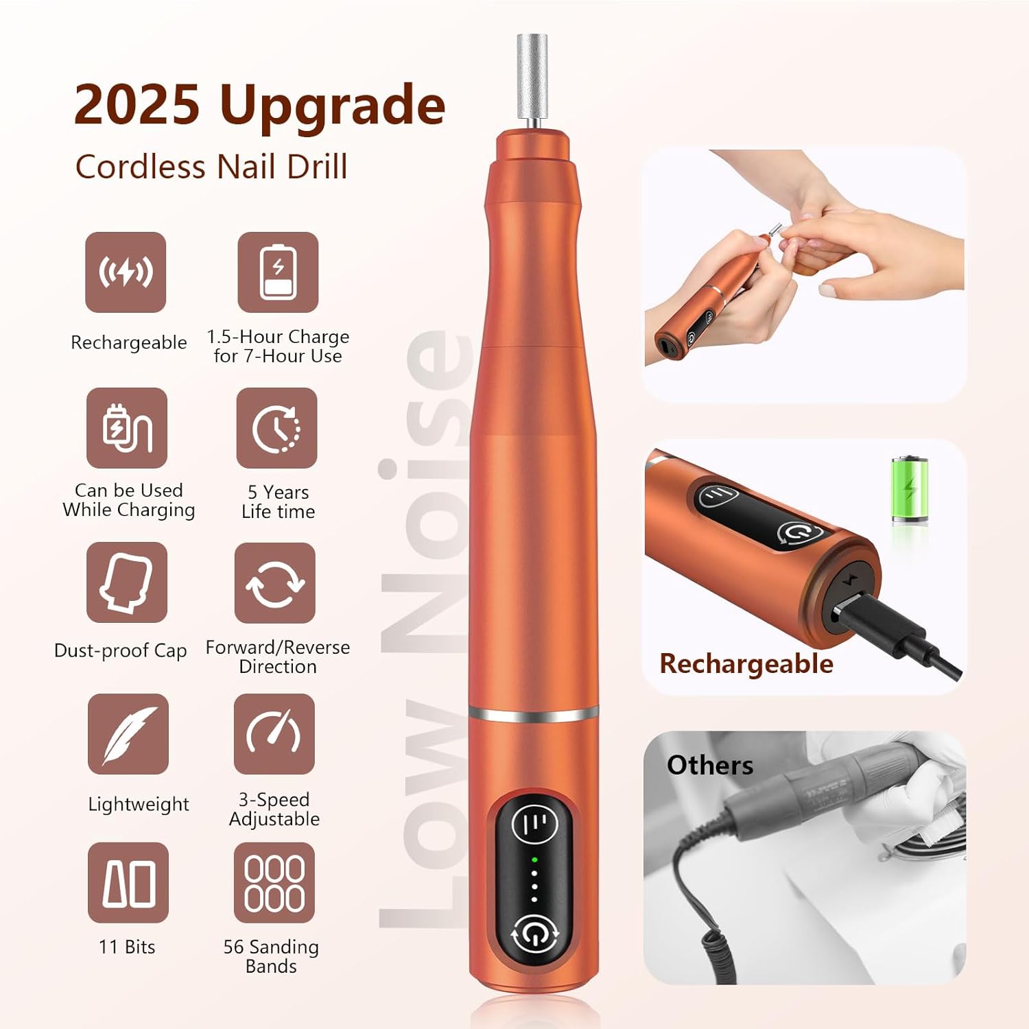 TUOBEO Cordless Nail Drill Electric Rechargeable File Kit, Professional Efile Acrylic Gel Nail Polish Remover Pedicure Manicure Machine Portable Set with 11 Bits 56 Sanding Bands for Salon Orange