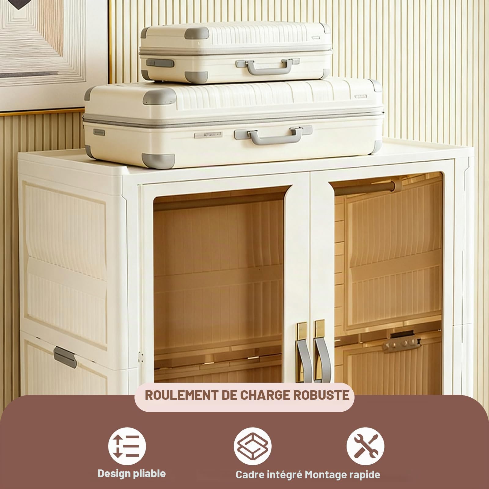 Armoire pliante en plastique avec portes magnétiques et roulettes, 1 suspension et 3 espaces de rangement, 64 x 42 x 161,5 cm, armoire polyvalente stable et robuste pour la maison et le