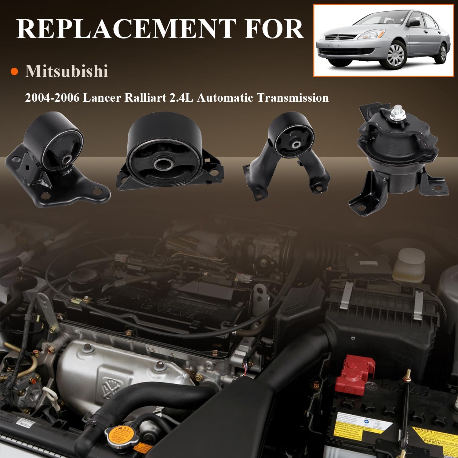 Engine Motor Mount & Trans Mount Replacement for 2004 2005 2006 Mitsubishi Lancer Ralliart 2.4L Automatic Transmission, Engine Mount Set of 4 Replaces OE# A4640 A4642 A4617 A4646
