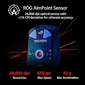 ASUS ROG Keris Wireless Aimpoint Gaming Mouse  Right-Handed Ergonomic, 75g, Tri-Mode Connectivity, 42K DPI, up to 119Hr Battery, PC/Mac Support - Black