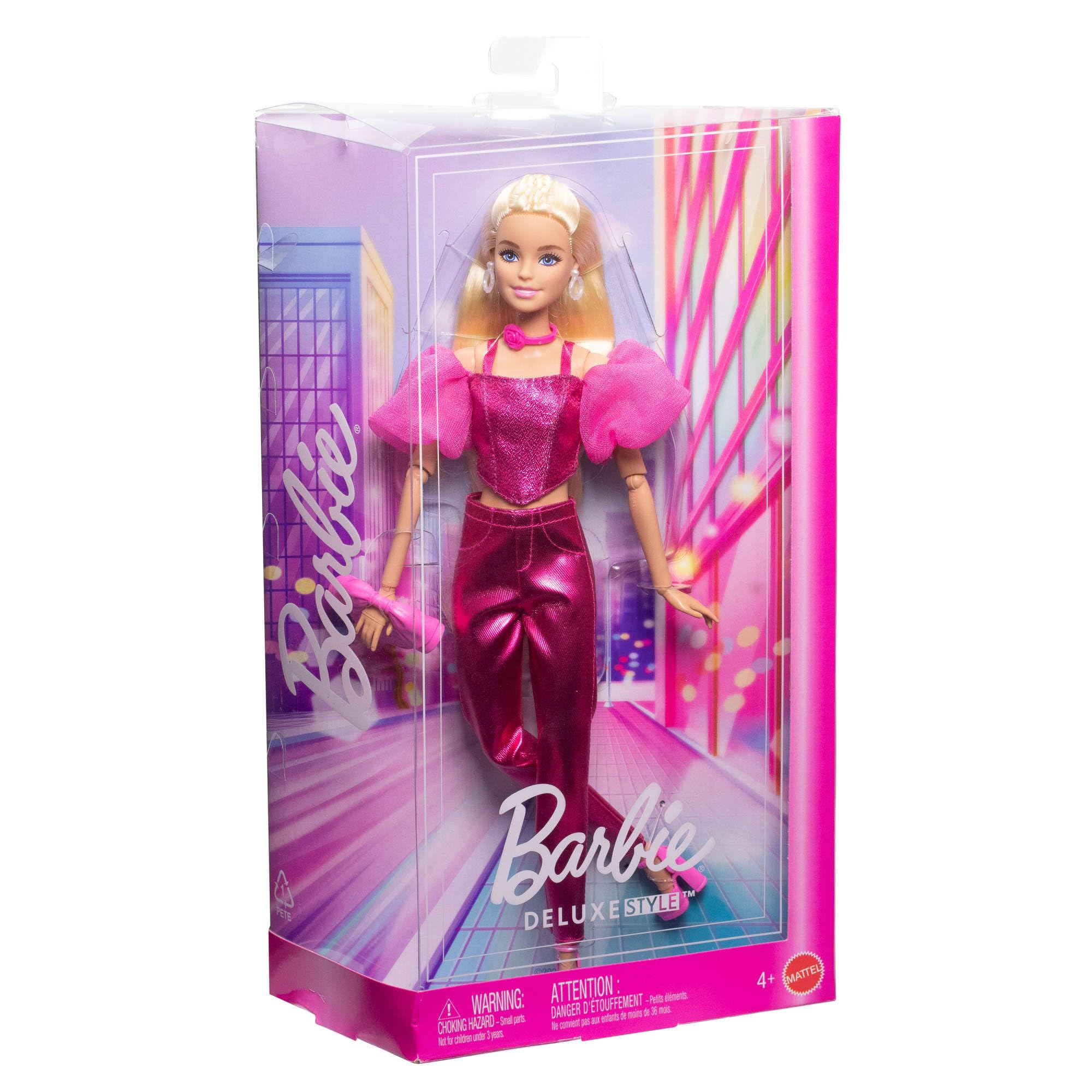 Barbie - Deluxe Style n. 5, bambola con abito rosa metallizzato e capelli biondi, top a corsetto scintillante e pantaloni lucidi, accessori inclusi, giocattolo per bambini, 4+ anni, JFP40