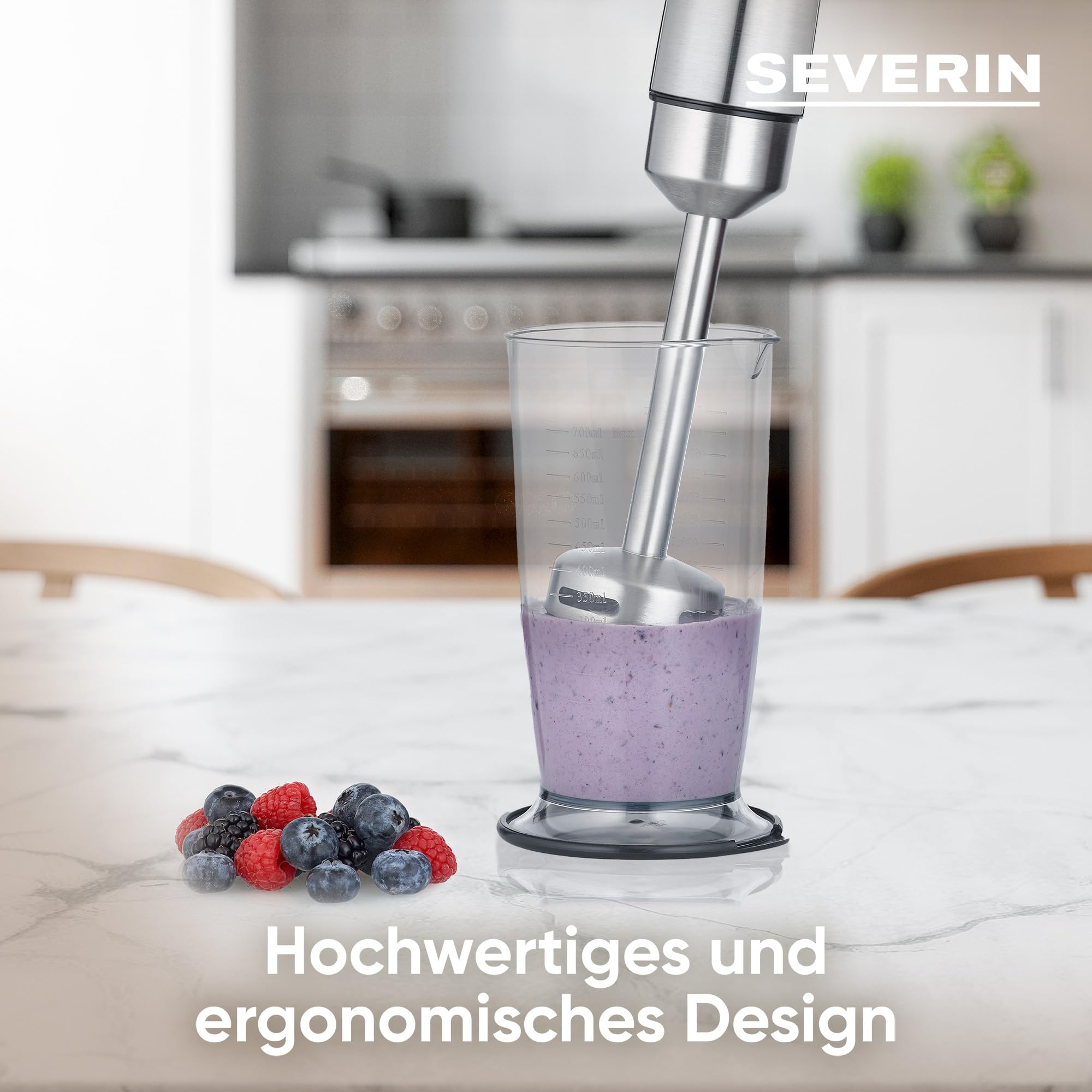 SEVERIN Stabmixer zum Pürieren und Zerkleinern, Mixstab mit 4-Klingen-Edelstahlmesser, abnehmbarer Pürierstab mit Mixbehälter, 1.000 W, schwarz / Edelstahl-gebürstet, SM 3773