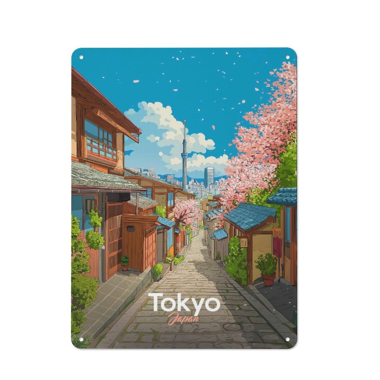Junmoney Tokyo Street With Cherry Blossoms Retro Metal Plaque 40X30cm For Guest Room Or Hallway, Housewarming Present For People Styling Guest Room And Hallway