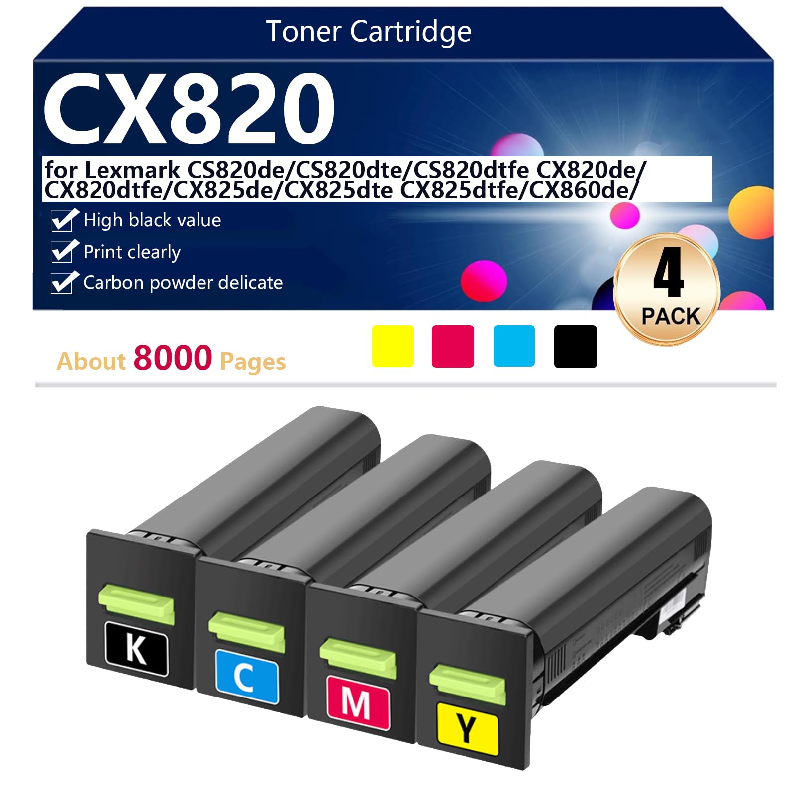 CX820 Cartucho de Tóner Compatible para Lexmark CS820de CS820dte CS820dtfe CX820de CX820dtfe CX825de Impresoras, para Escuelas, Hospitales y Bancos, 8000 Páginas,Black-2 Pack