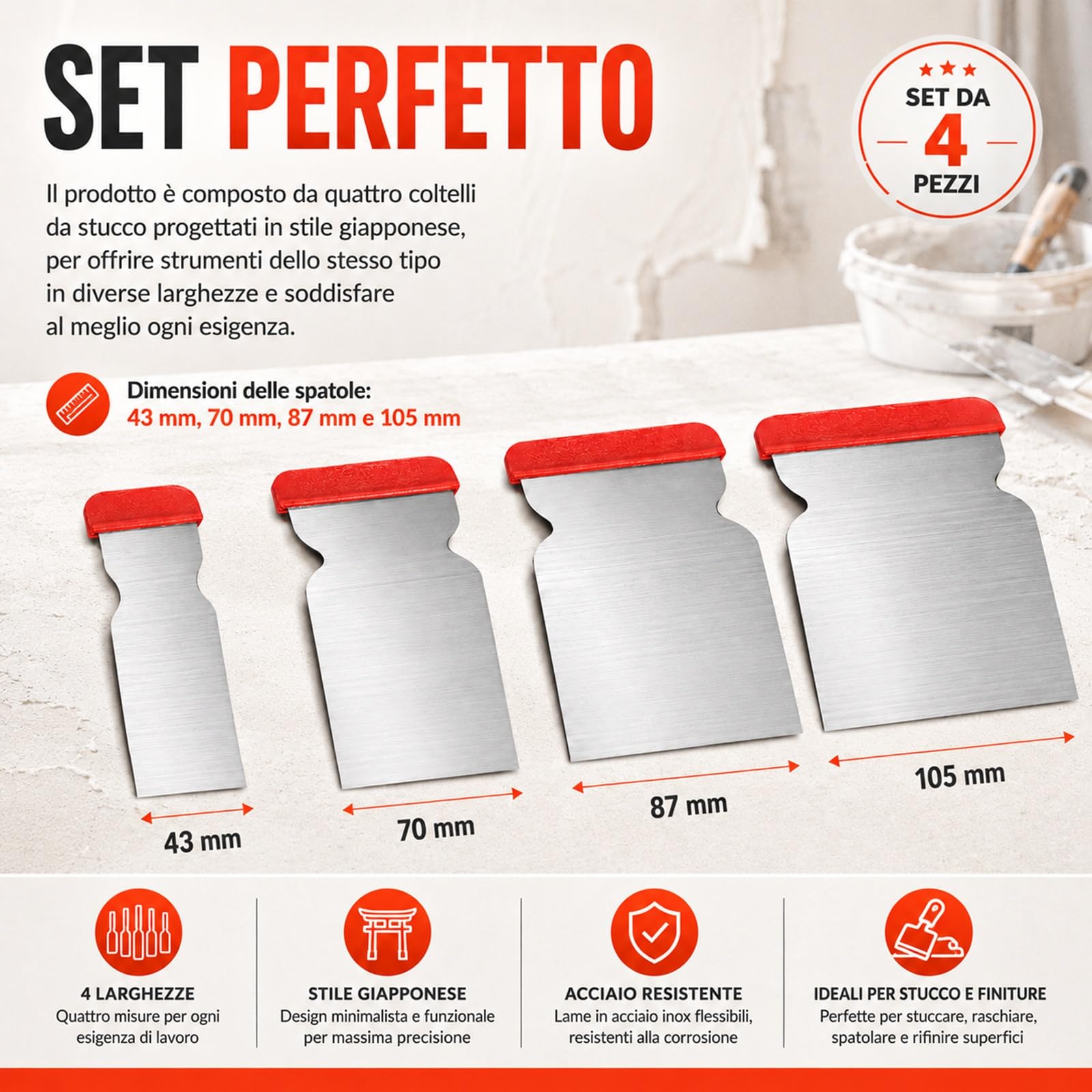 Set 4 Spatole Giapponesi in Acciaio 47/70/87/105 mm per Verniciatura Stuccatura Rasatura