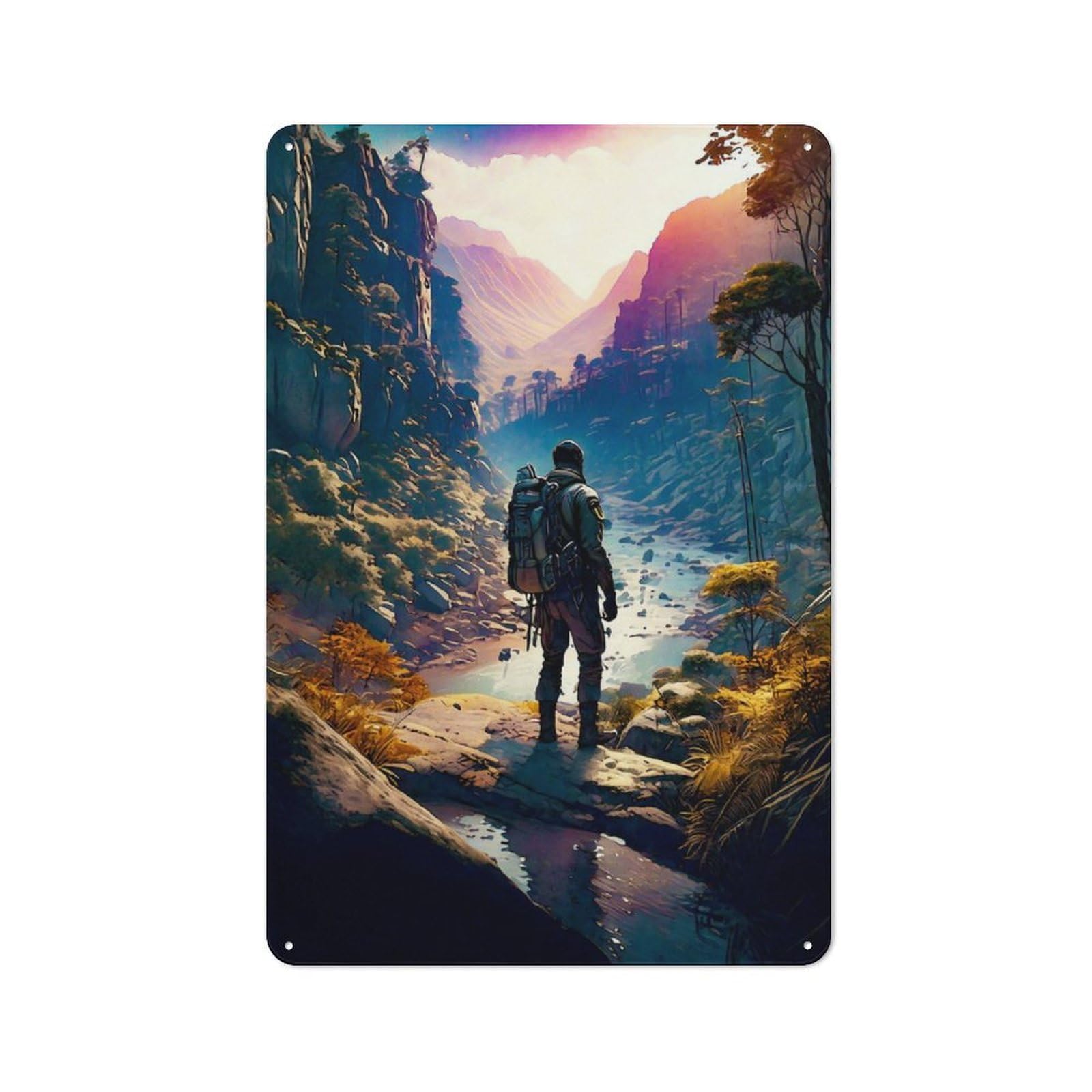 Junmoney Lone Traveler In Mountain Valley Vintage Metal Wall Sign 30X20cm For Garage Or Workshop, For Metal Sign Collectors, For Garage And Workshop Walls