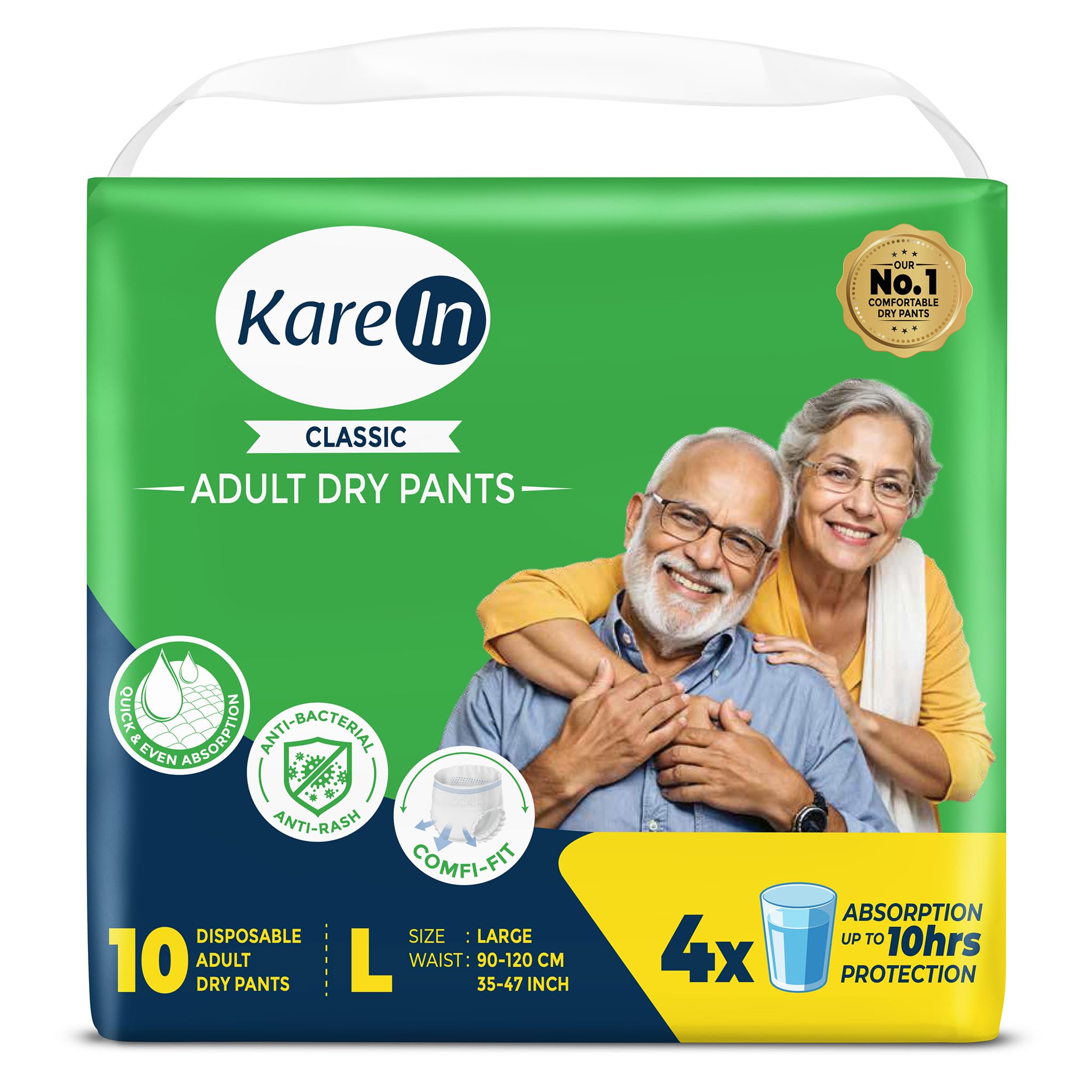 KareIn Classic Adult Diaper Pants, Large 90-120 Cm (35"- 47"), 10 Count, Unisex, Leakproof, Elastic Waist, Wetness Indicator