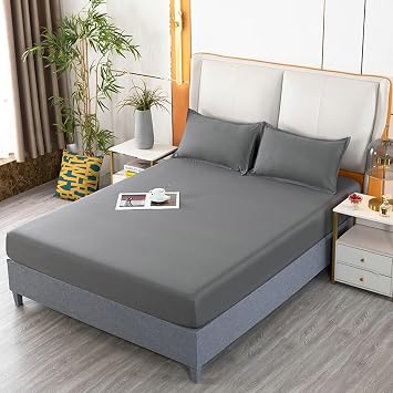 Daesar Fitted Bed Sheet Washed Cotton Solid Color Soft Easy Care Bed Cover Bedding Dark Gray, 180x200CM