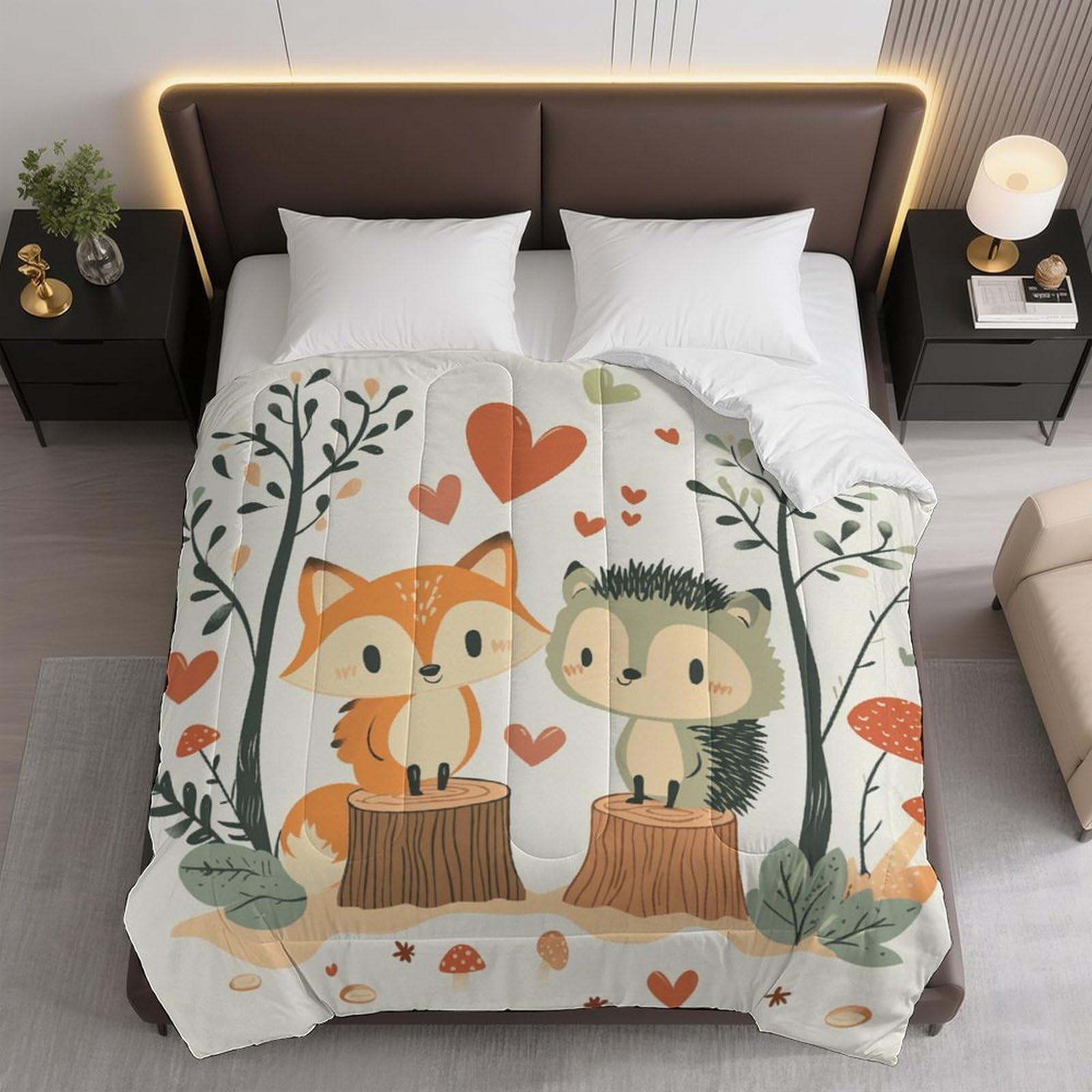 Fox Hedgehog Forest Love Comforter Bedding Heavy Bed Blanket Soft Warm Fluffy All Seasons Only Quilt 264x229cm