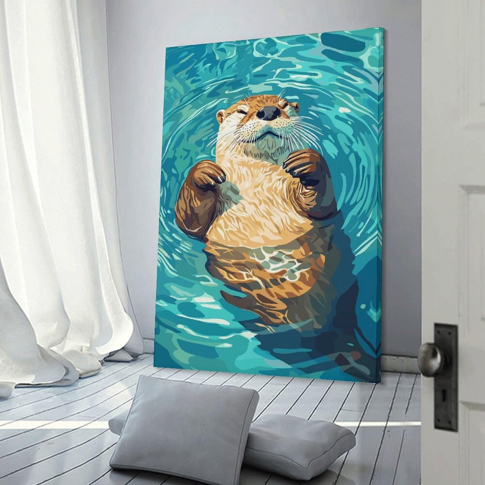 Junmoney Relaxing Otter in Water Illustration Canvas Art Print, 20x30inch(50x75cm), for Restful Interiors, Bedrooms Or Small Rooms, A Warm Accent for Relaxed Interiors