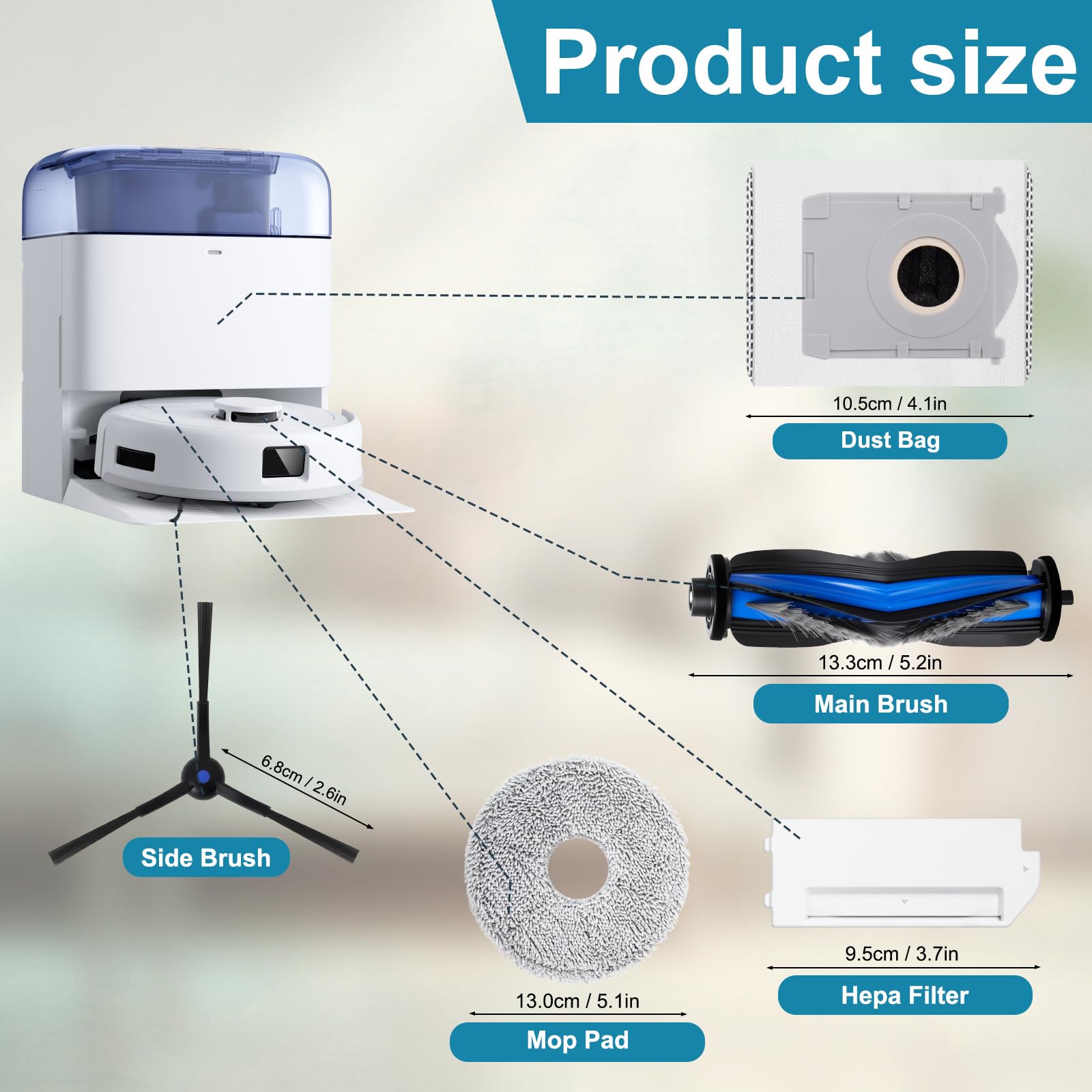 Kit di accessori di ricambio per ECOVACS DEEBOT MINI Robot Aspirapolvere, 1 spazzola principale, 6 spazzole laterali, 4 filtri, 4 panni, 2 sacchetti per la polvere, 1 spazzola per la pulizia