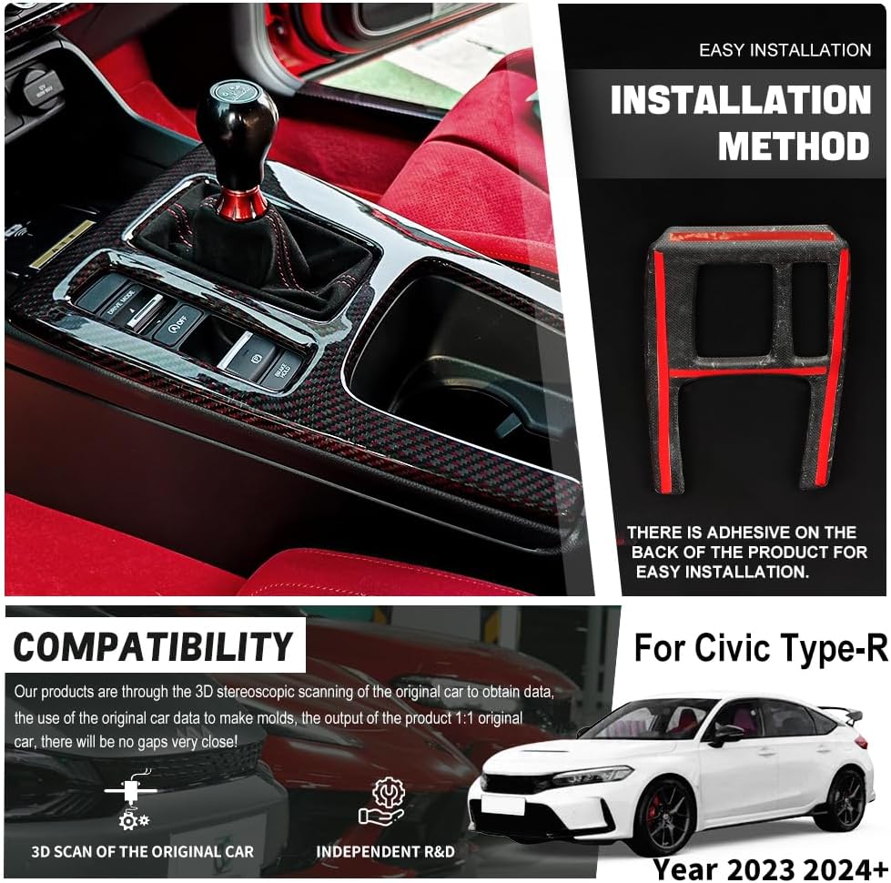 JSWAN Red Black Carbon Fiber Center Console Gear Shift Panel Cover for 11th Gen Civic Type R FL5 Typer Central Control Panel Frame Overlay Gear Shifter knob Frame Cover(Red Black)