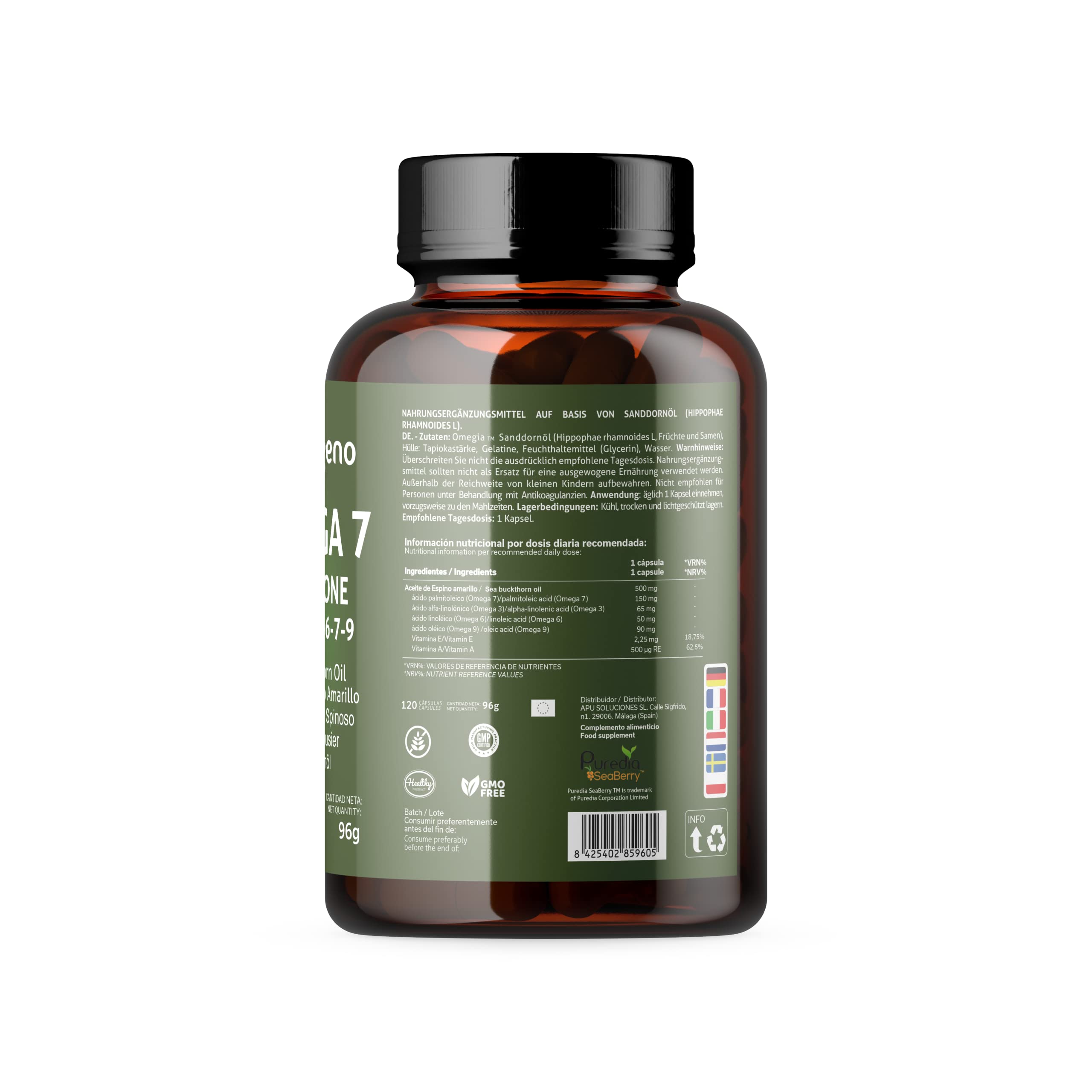 OMEGA 7 ALL IN ONE - Aceite de Espino Amarillo, Omega 3 6 7 9, Vitamina E Natural, 120 Cápsulas Veganas, No GMO, Sin Gluten, VEGAGENO