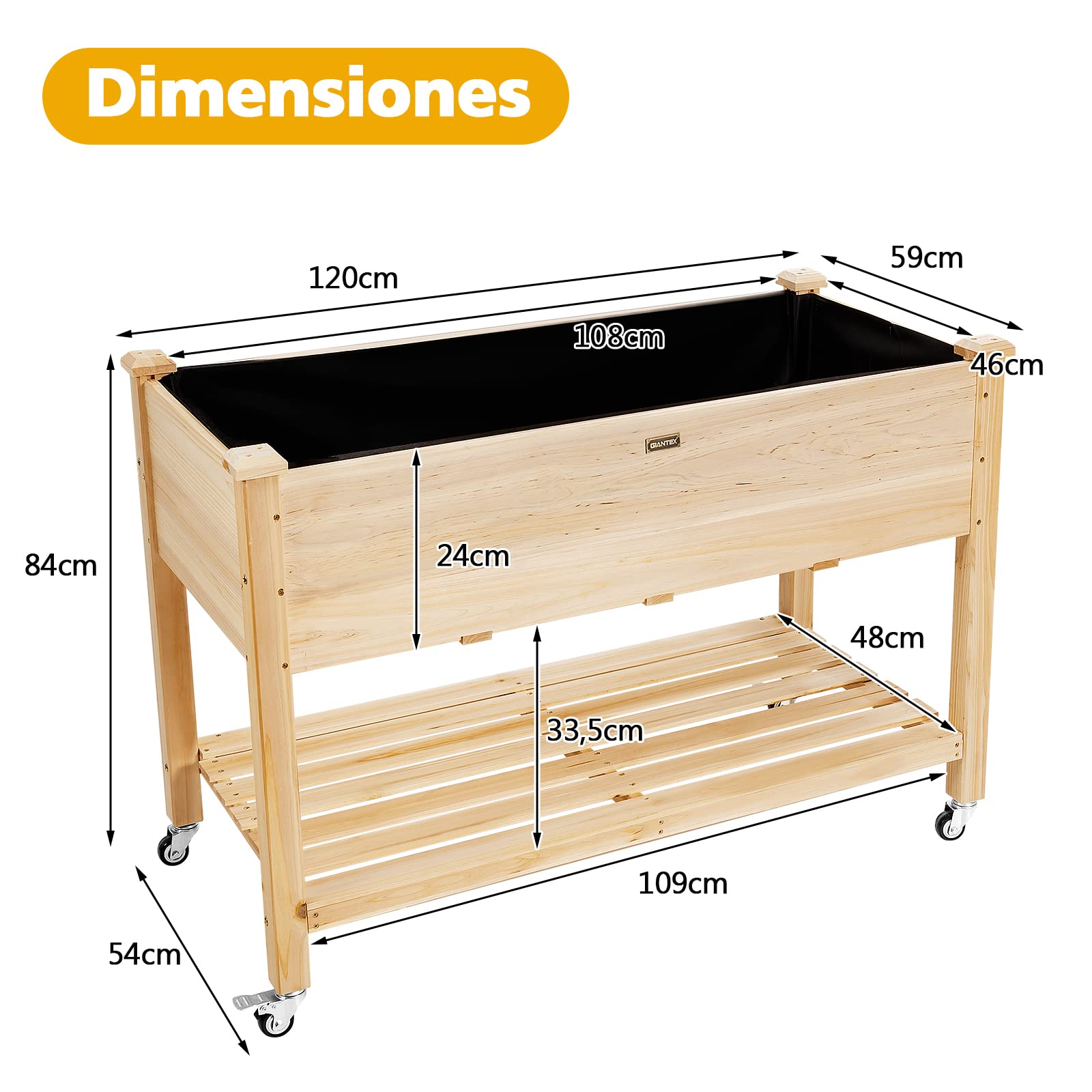 GOPLUS Jardinera Exterior con Ruedas Bloqueables y Estante, Cama Elevada de Madera de Abeto con Agujeros de Drenaje y Forro no Tejido, Huerto Urbano para Flores Hierbas Verduras, 120 x 59 x 84 cm