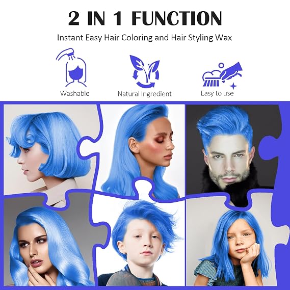 Blue Temporary Hair Color Wax, Instant Natural Hairstyle Cream Dye, Washable Styling Pomadesfor Men Girls Women Youth, Disposable Coloring Mud for Party Cosplay DIY Halloween