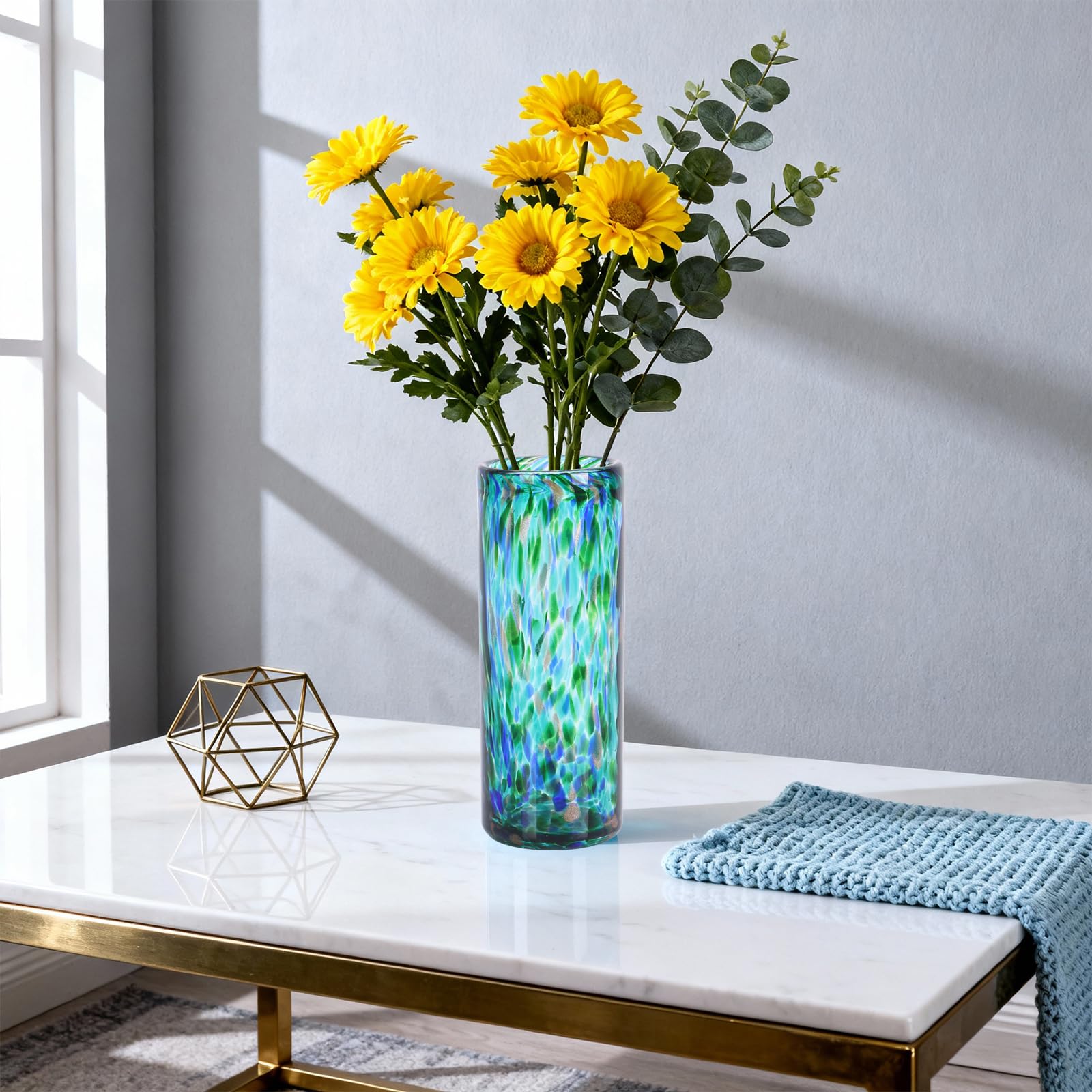 Jarrón verde azulado de 9.45 pulgadas de alto, jarrón de vidrio soplado a mano, moderno, centros de mesa para el hogar, jarrones de boca ancha para decoración de brotes y flores, ideal para sala de