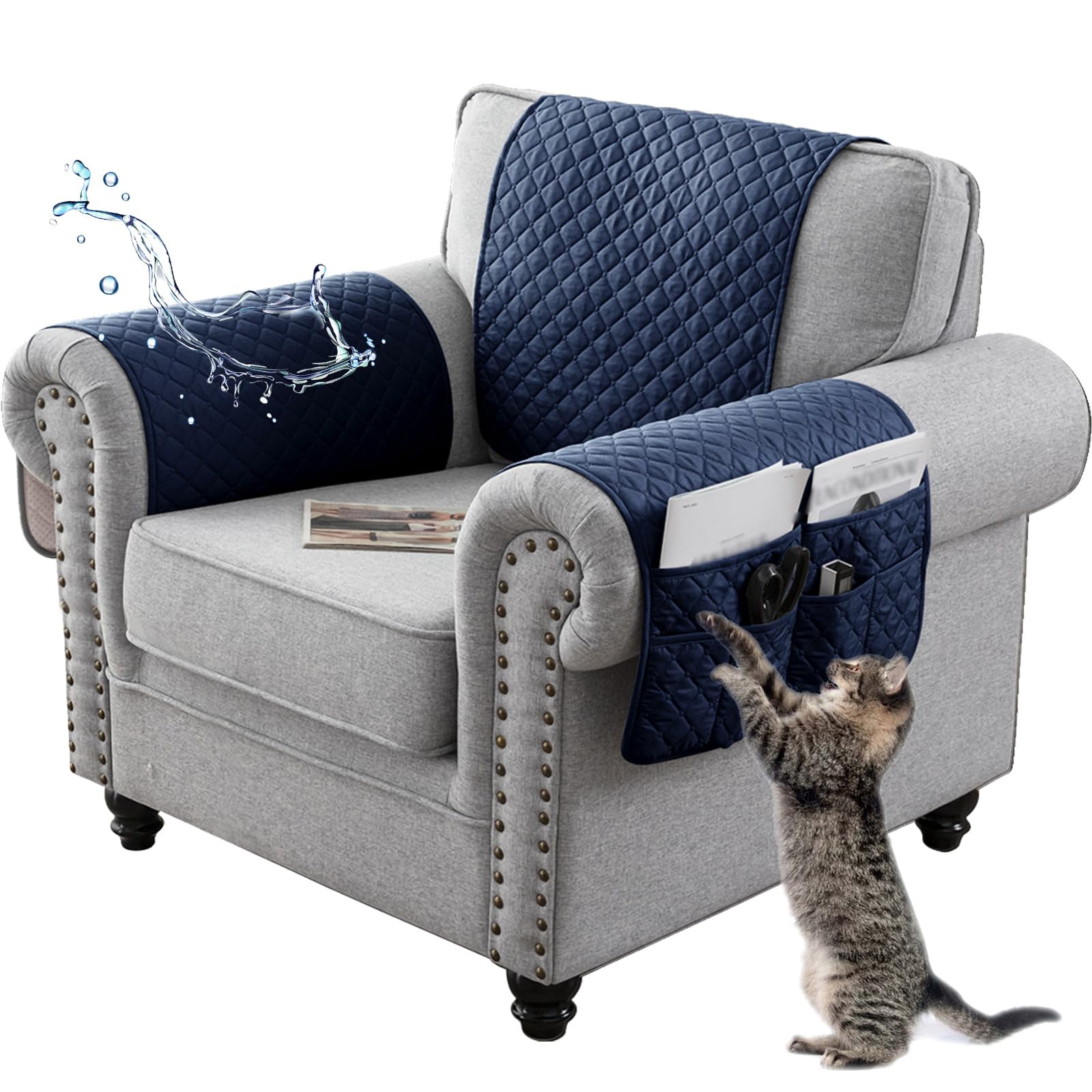 Sofa Armrest Cover, Headrest Cover for Recliner Chair Arm Cover, Armchair Slipcover Non Slip Quilted Furniture Protector for Sofa Recliner Armchair Cats Dogs (Navy Blue,3 Seater(5pcs))