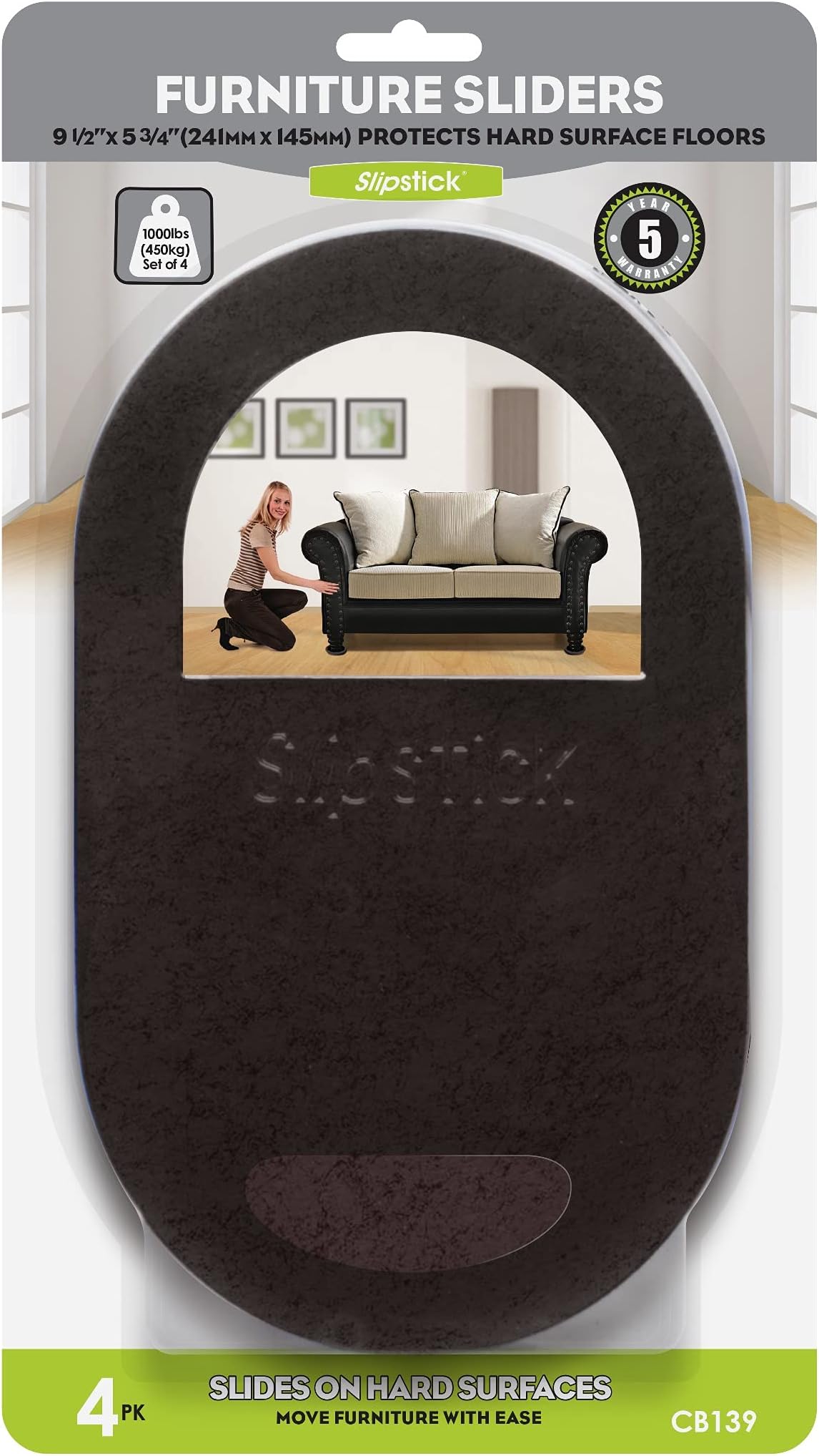 SlipstickCB139 XL Heavy Furniture Movers for Hardwood Floors (4 Pack) Premium 9-1/2โ x 5-3/4โ Oval Felt Furniture Sliders for Moving Heavy Appliances & Furniture on Hard Surfaces, Reusable