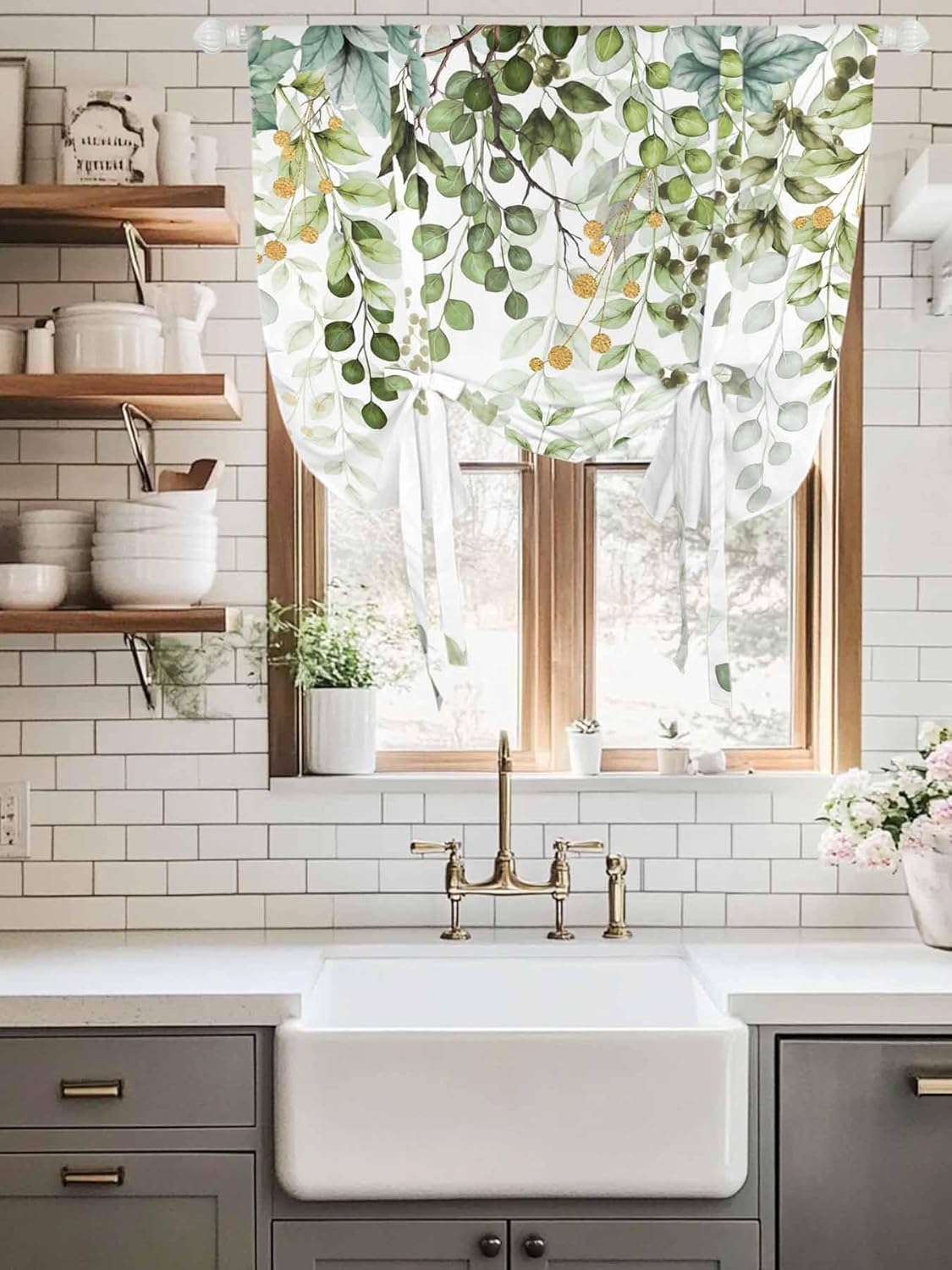 Tie Up Curtain for Windows,Green Eucalyptus Leaves Watercolor Botanical on White Balloon Rod Pocket Curtains Tie-up Valance for Kitchen Bedroom,Abstract Foliage Window Treatment 1 Panel 42x45in