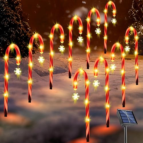 Miniatura 1 de Paquete de 10 luces de bastón de caramelo de Navidad para decoración al aire libre, luces solares con copo de nieve para decoración de caminos de