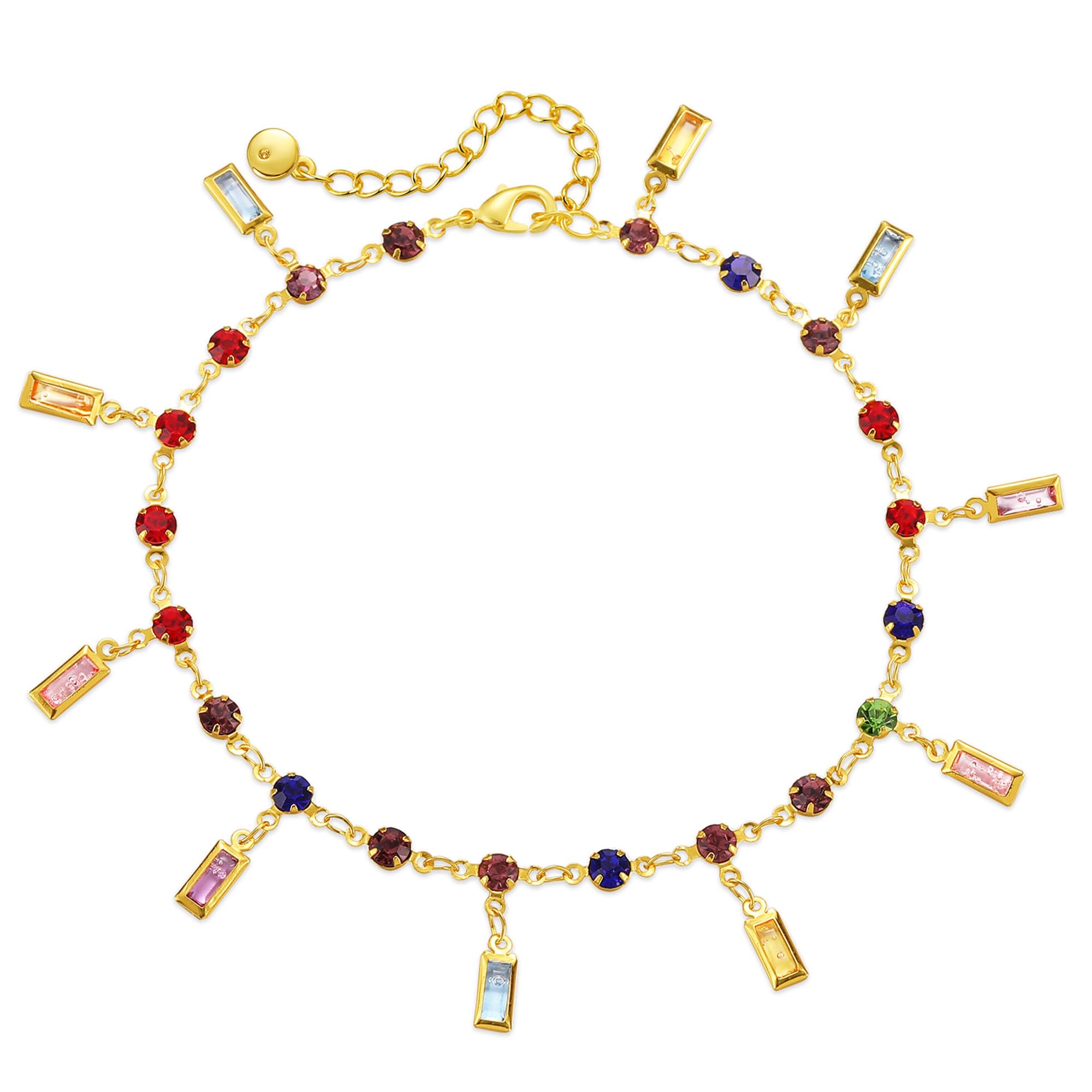 Yumikoo 18k Gold Plated Anklet Colorful Round Square Diamonds Ankle Bracelets for Women