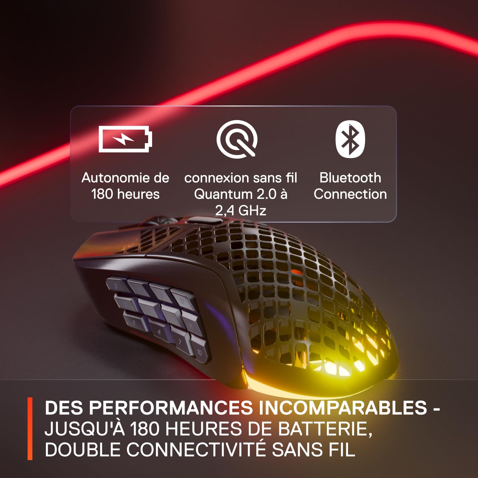 SteelSeries Aerox 9 Wireless - Souris MMO sans fil perforée - RGB - Ultra-légère et résistante à l’eau - 18 boutons - Bluetooth/2.4 GHz - Capteur optique TrueMove Air 18K DPI