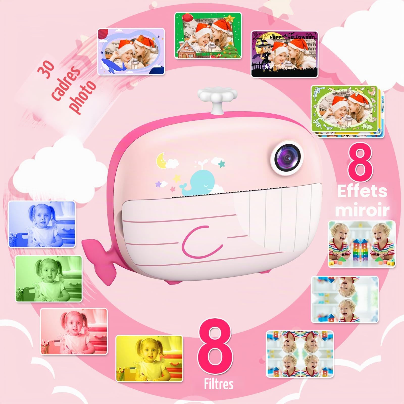 Ushining Appareil Photo à Impression Instantanée pour Enfants, 1080P Appareil Photo Numérique Enfant avec Écran de 2,4 Pouces Papier d'impression Carte TF 32 Go, Cadeau pour Filles Garçons 3-14 Ans
