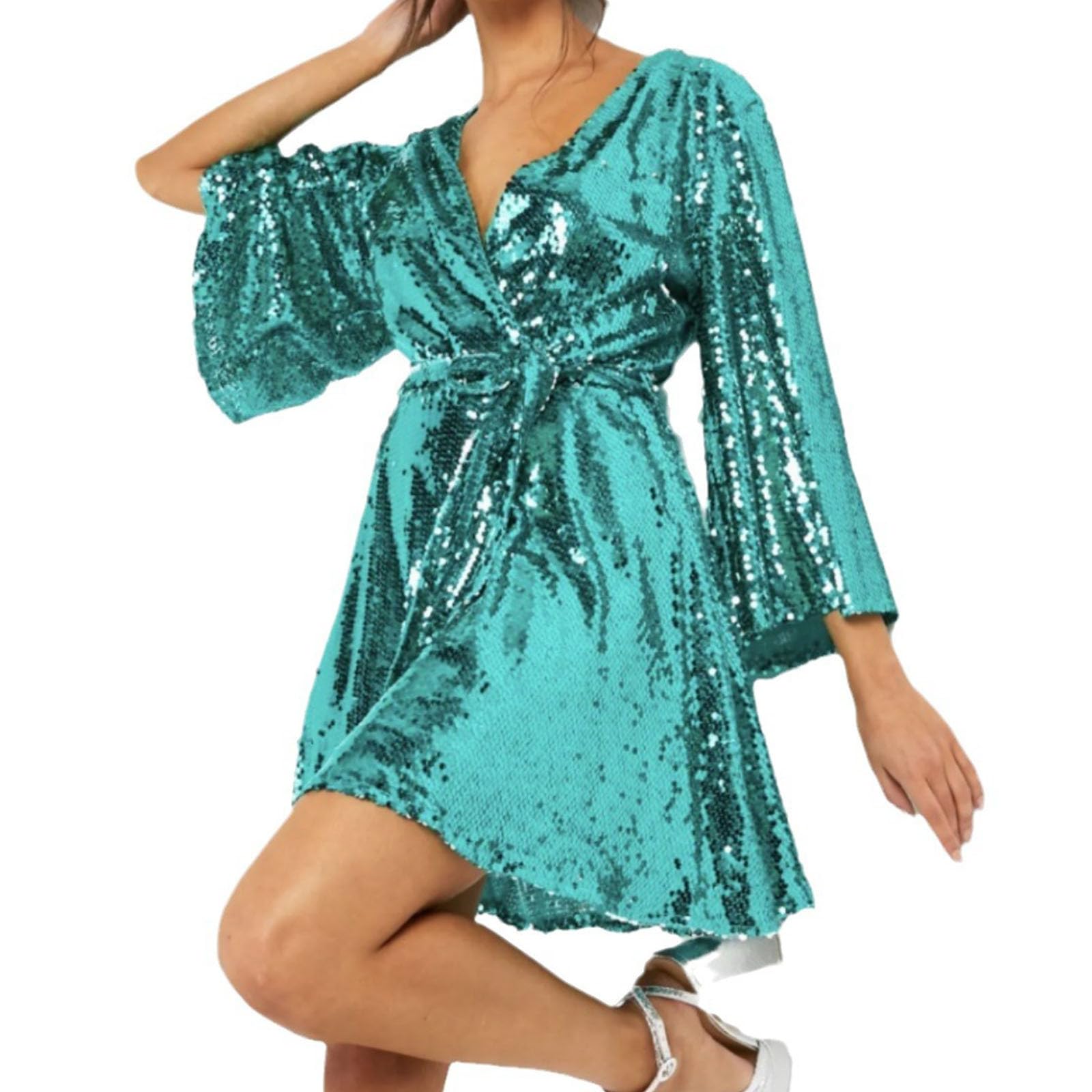 HAOLEI Abito Aderente Donna Paillettes Maniche Lunghe Vestiti da Cerimonia Mini Abito da Sera Elegante Collo Rotondo Corto Vestito Nero Casual Dress Bodycon Vestito per Feste Club Ccocktail Formale
