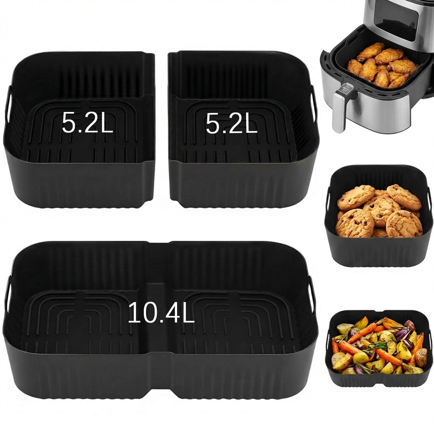 3 Stück Silikonform Heißluftfritteuse Zubehör für Ninja Foodi FlexDrawer 10,4L AF500EU AF500DE AF500EUCP, Extra Hoch & BPA-Frei | Kompatibel mit COSORI 10L Air Fryer Einsätze (Schwarz)