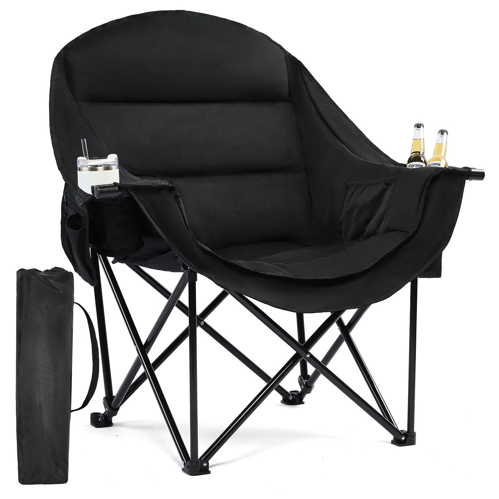 oversized camping chairs for adults - heavy duty padded outdoor folding lawn xl camp chair with cup holder cooler pockets for outside sports beach fishing garden portable supports 500lbs, allblack