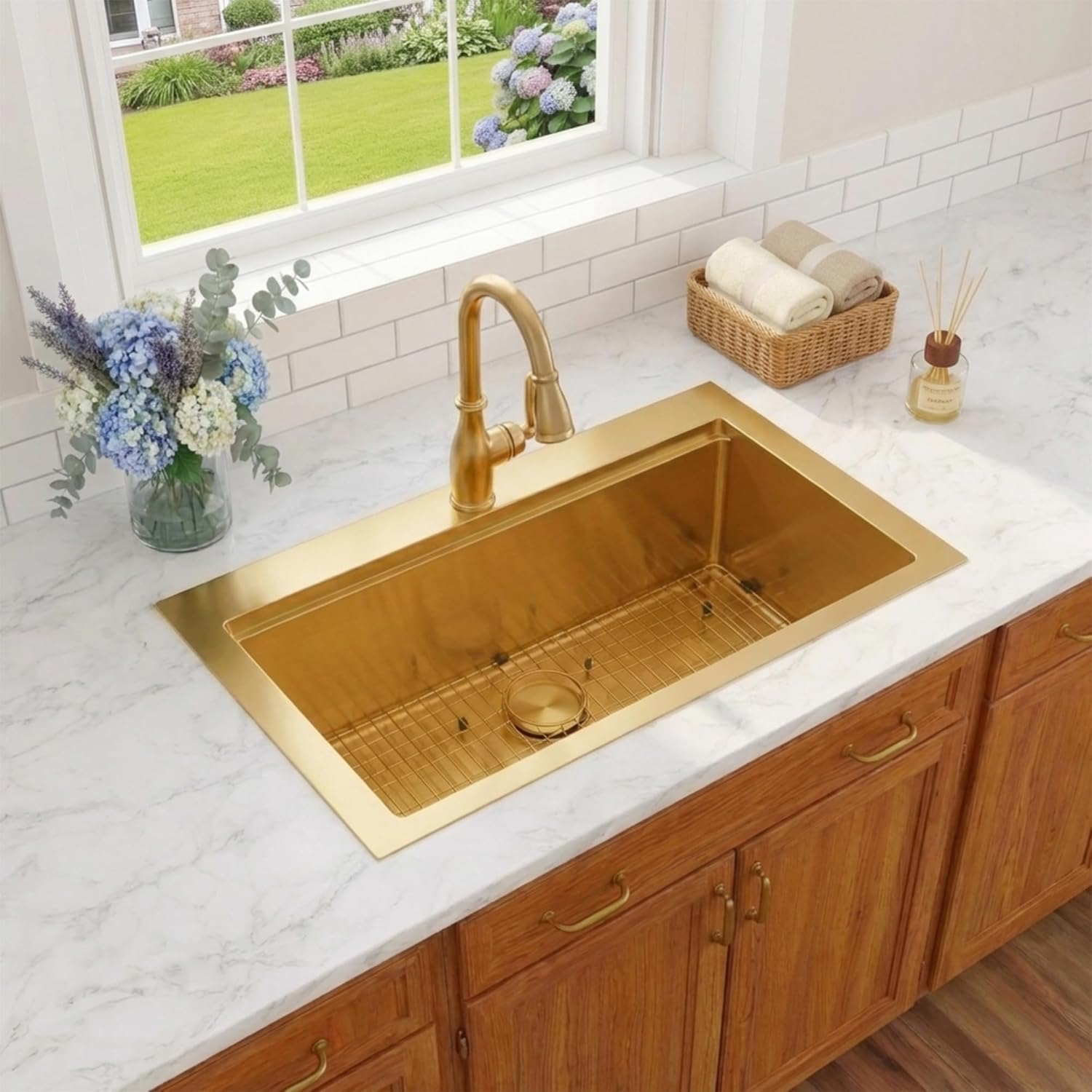 Gold Kitchen Sink 28" X 22",Drop In/Top Mount 16 Gauge Stainless Steel Workstation Sink,Deep & Large Single Bowl Kitchen Sinks (Gold, 28" X 22")