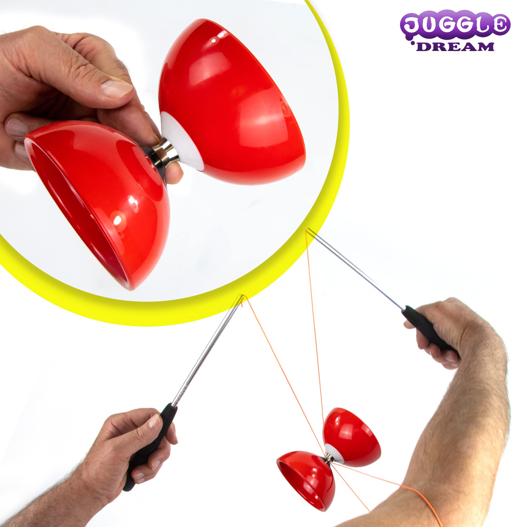 Juggle Dream Carousel Diábolo Set para Malabares - Pro Triple Rodamiento Diábolo con Varillas de Aluminio y Vídeo de Aprendizaje en Línea (Rojo)