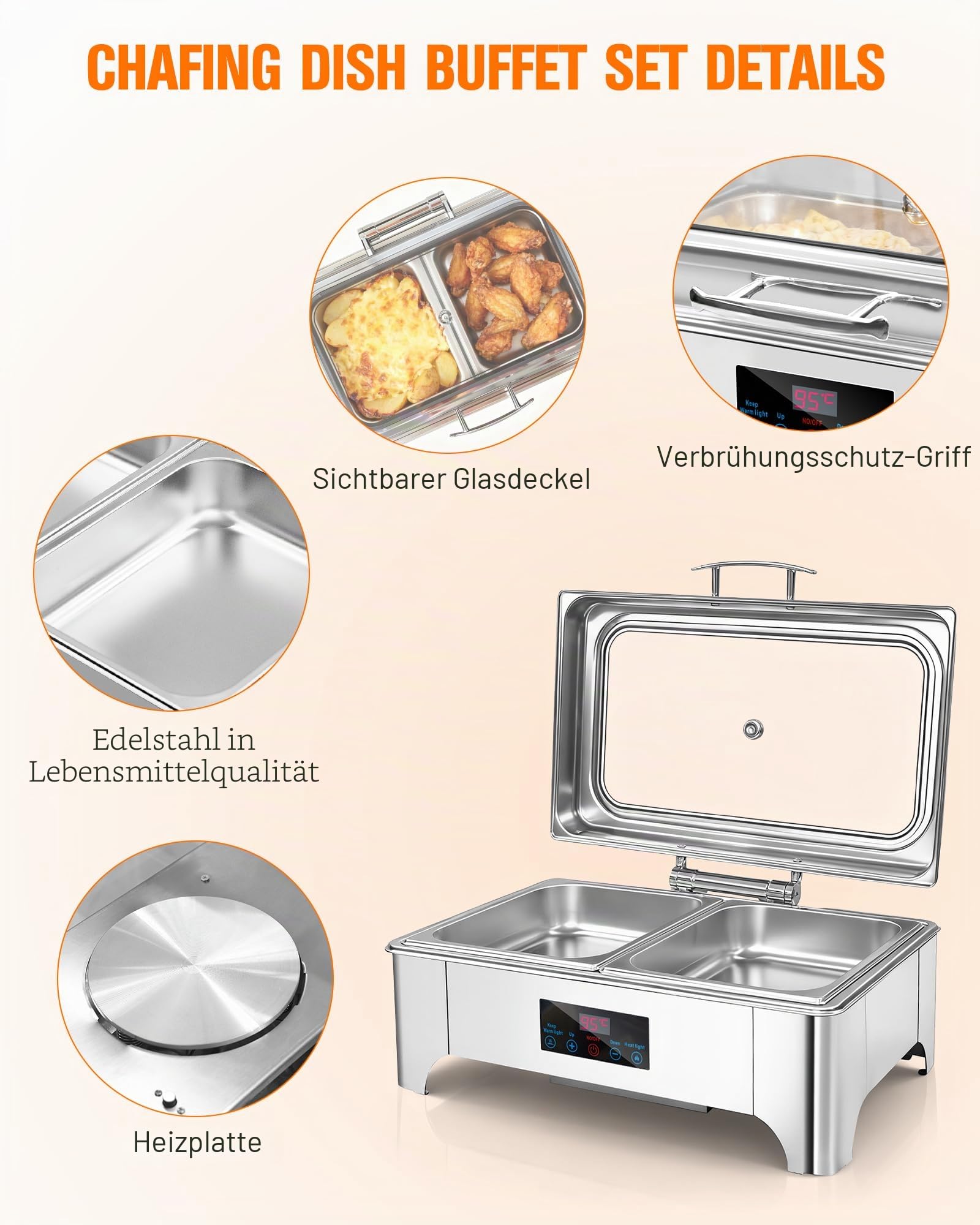 Chafing Dish Elektrisch, 9L Professioneller Speisenwärmer, Buffetwärmer mit Touchscreen Temperaturregelung und Glas Sichtschutzabdeckung, Edelstahl Warmhaltebehälter für Buffet und Party
