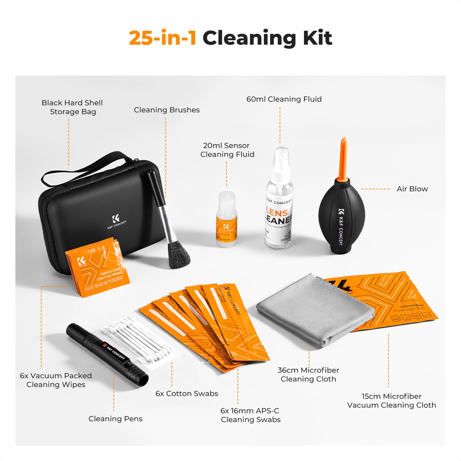 K&F CONCEPT 25 in 1 Kamerareinigungsset für spiegellose Kameras mit APS-C Sensor-Reinigungsstäbchen, 60ML & 20ML Objektivreiniger, Blasebalg, Linsenstift, Mikrofasertüchern und Tragetasche