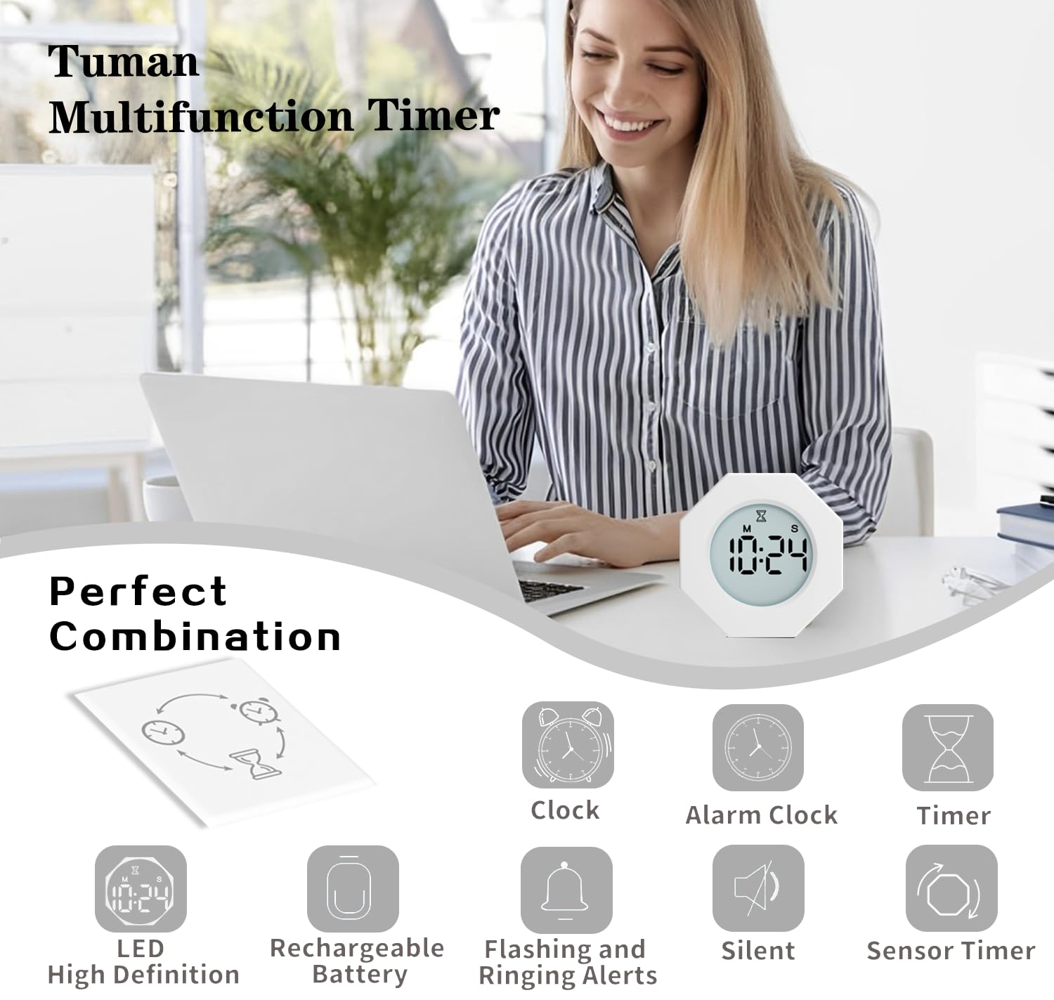 Octagon Pomodoro Timer Clock, Productivity Timer Cube, Octagonal Gravitational Flip Focus ?Mute & Adjustable Sound Alert, ADHD, Study,3/5/10/25/30/60/90min Min & Custom Countdown (White)