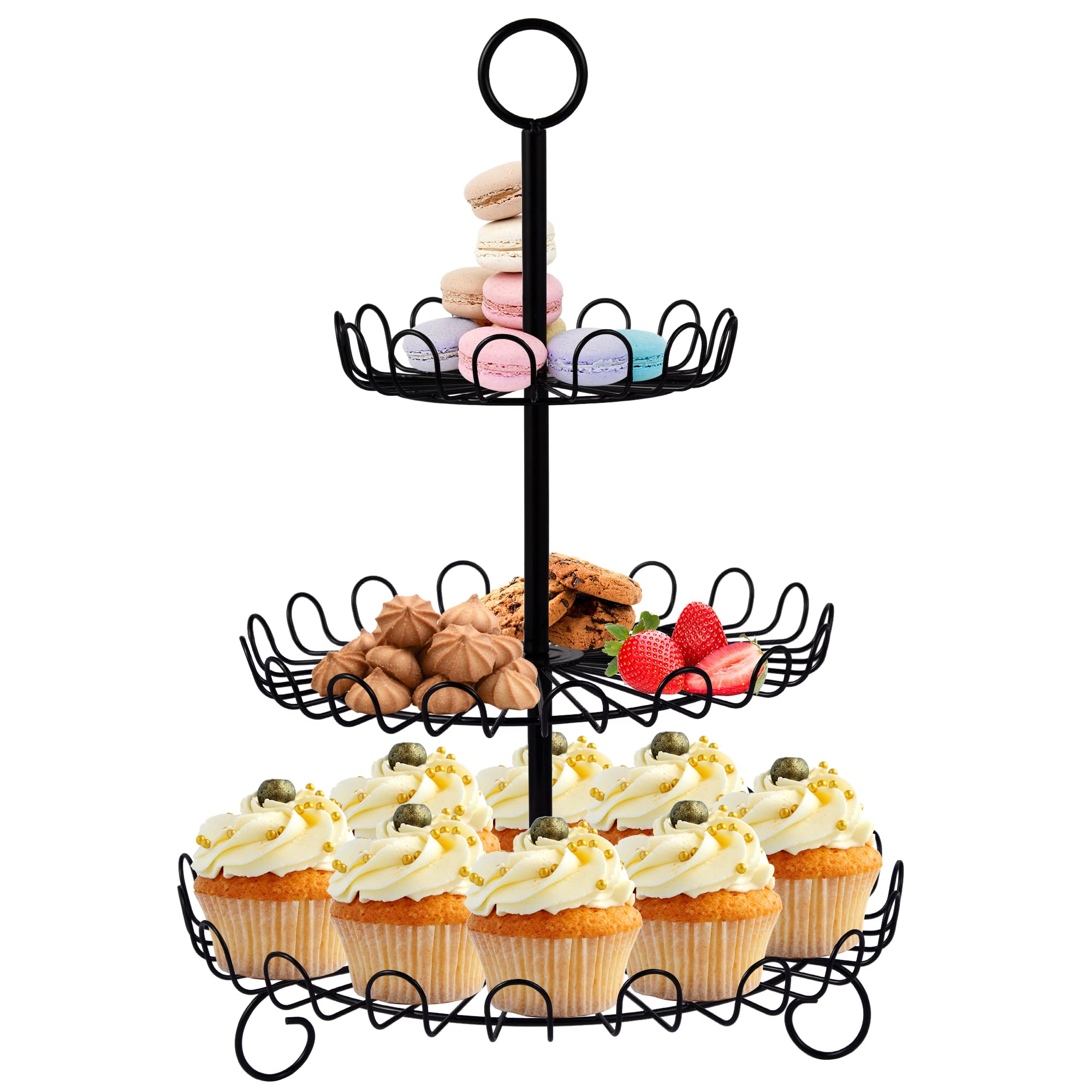 3-Tier Cupcake Stand,Luxury Metal Round Cupcake Holder Cookies Dessert Display Stands for Weddings Birthday Baby Showers Anniversary Parties,Black Round