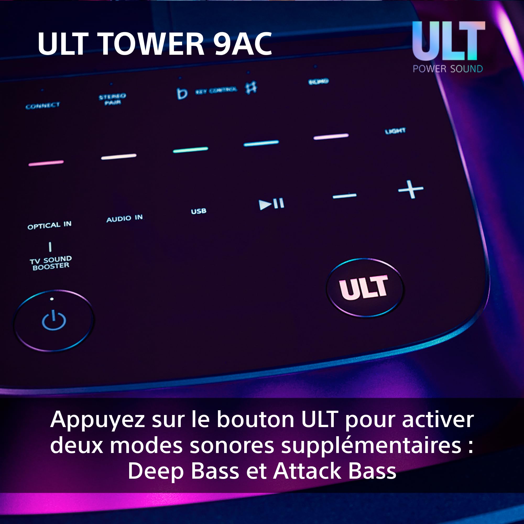 Sony ULT Tower 9AC - Enceinte Bluetooth Party Box Ultimate, Alimentation Secteur, 2 Modes ULT Power Sound, X-Balanced Speaker, 360° Lighting & Sound, entrées pour Karaoke - Noir